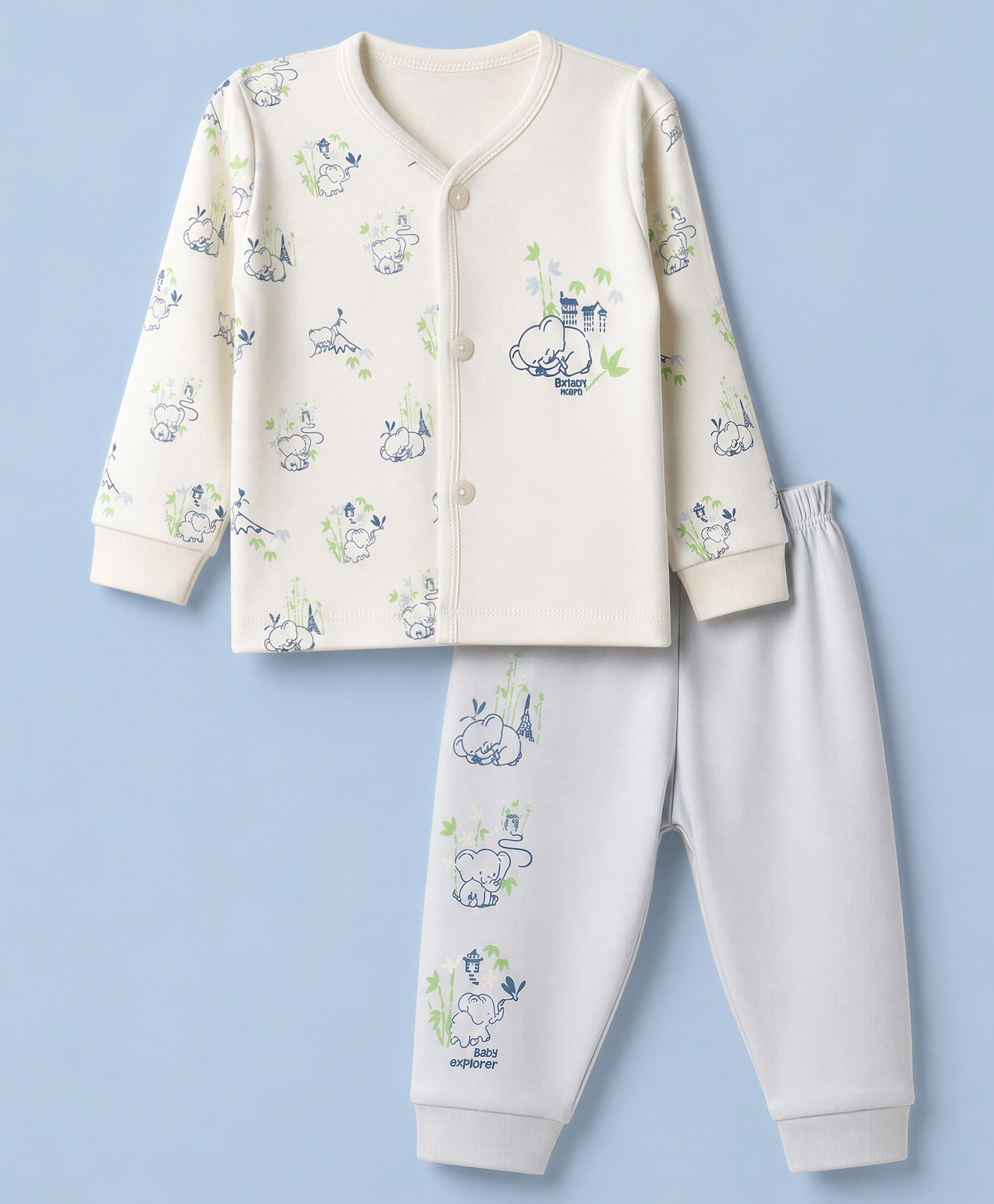 CUCUMBER Interlock Knit Full Sleeves T-Shirt & Jogger With Elephant Print - White-picture-34