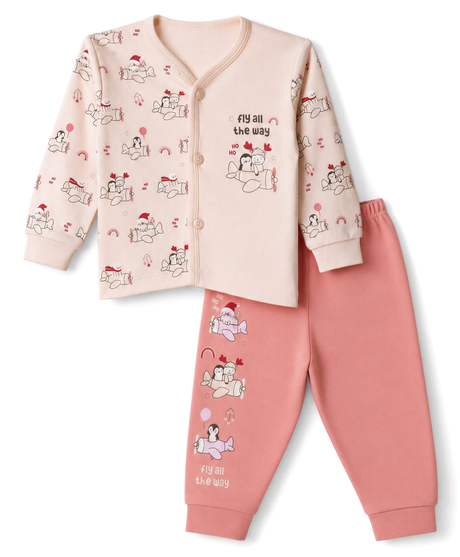 CUCUMBER Interlock Knit Full Sleeves T-Shirt & Jogger With Penguin & Airplane Print - Peach-picture-11