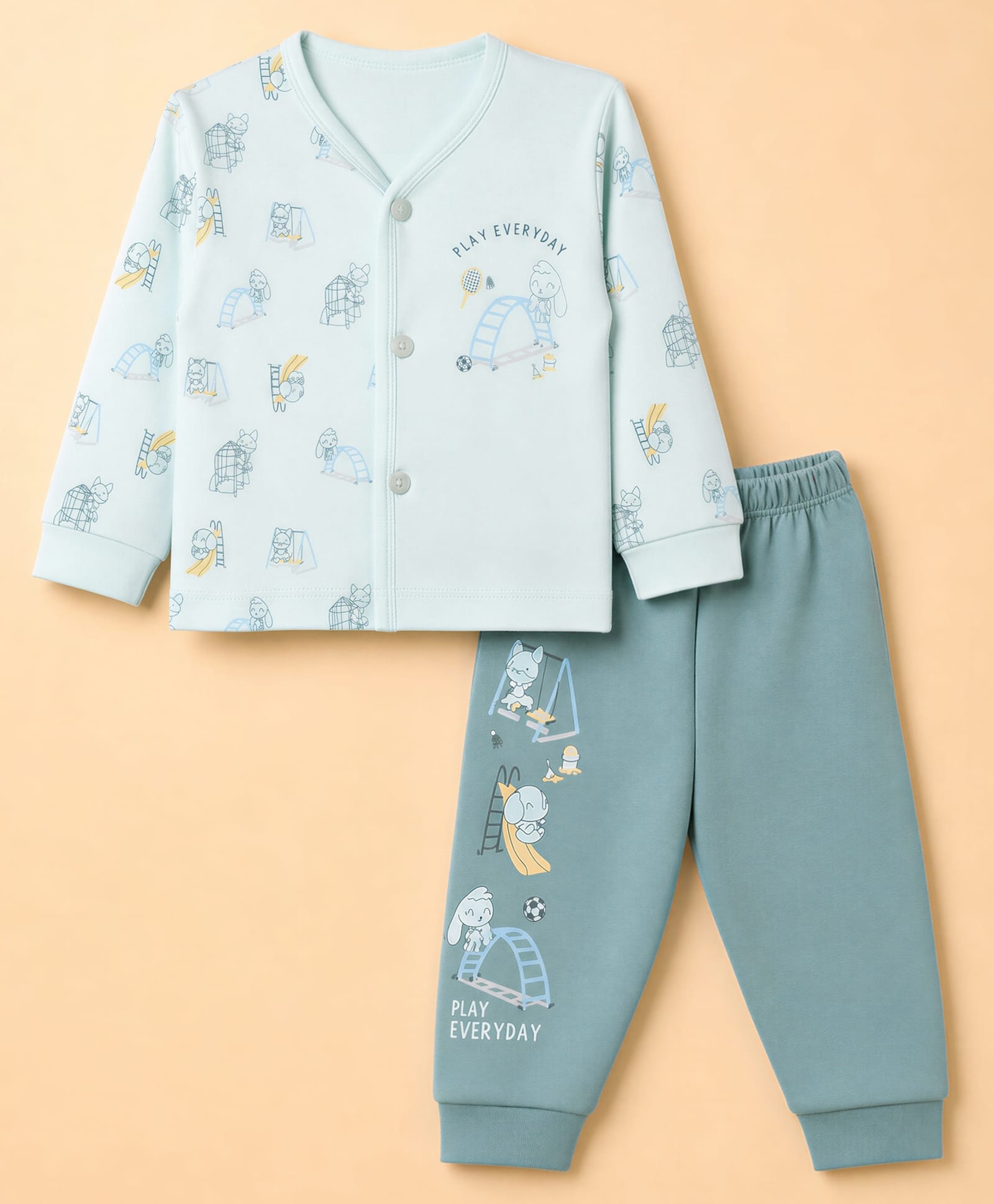 CUCUMBER Interlock Knit Full Sleeves T-Shirt & Jogger With Animal Print - Green-picture-32