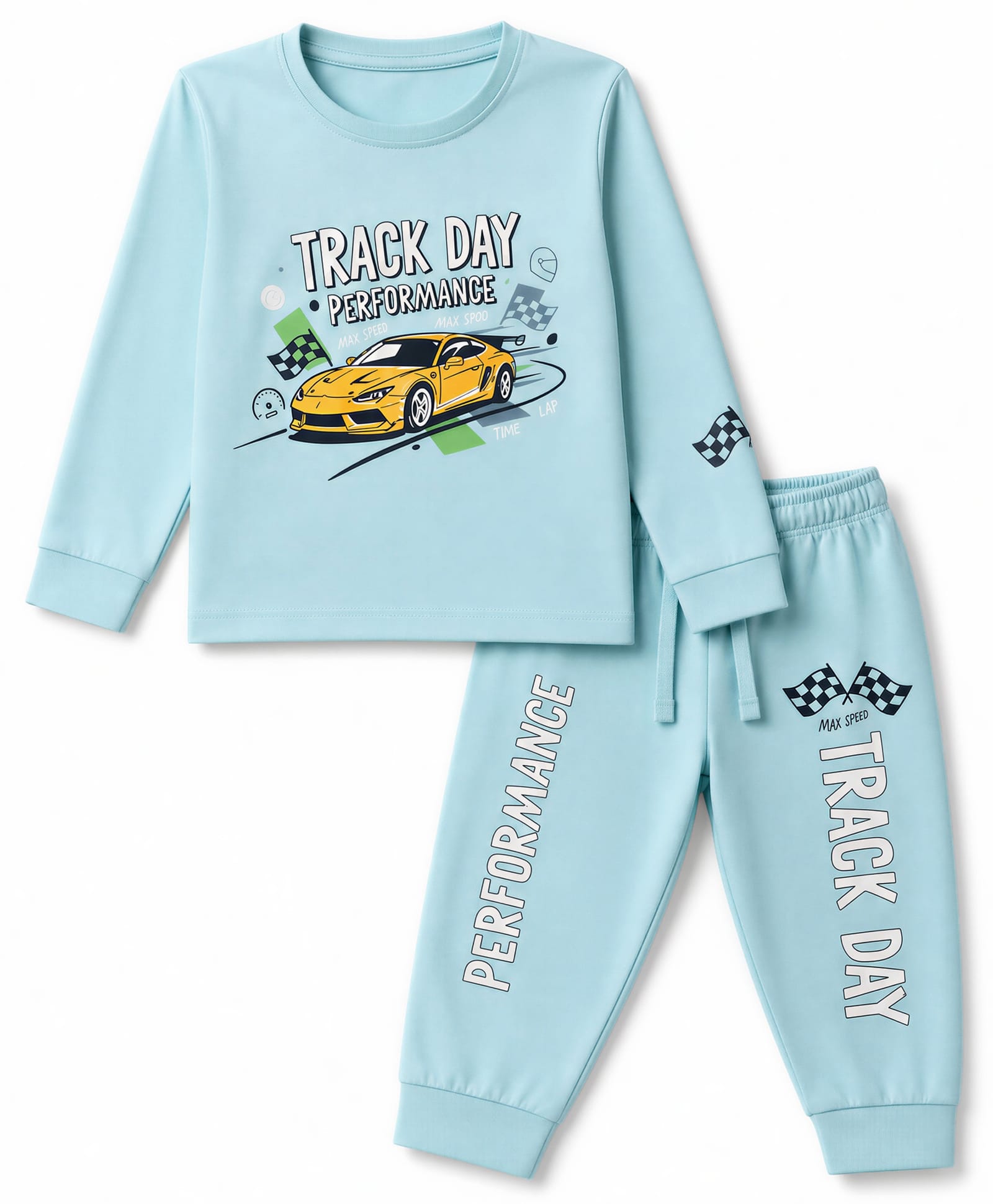 Cucumber Interlock Knit Full Sleeves T-Shirt & Lounge Pant Set with Sports Car Print - Light Blue-picture-16