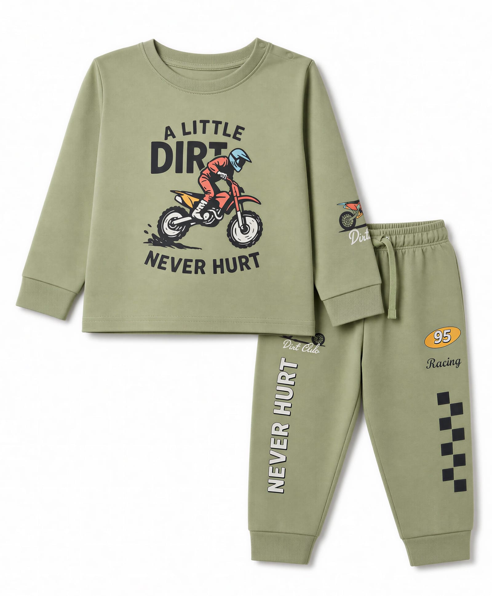 CUCUMBER Interlock Knit Full Sleeves T-Shirt & Jogger With Text Print - Olive Green-picture-30