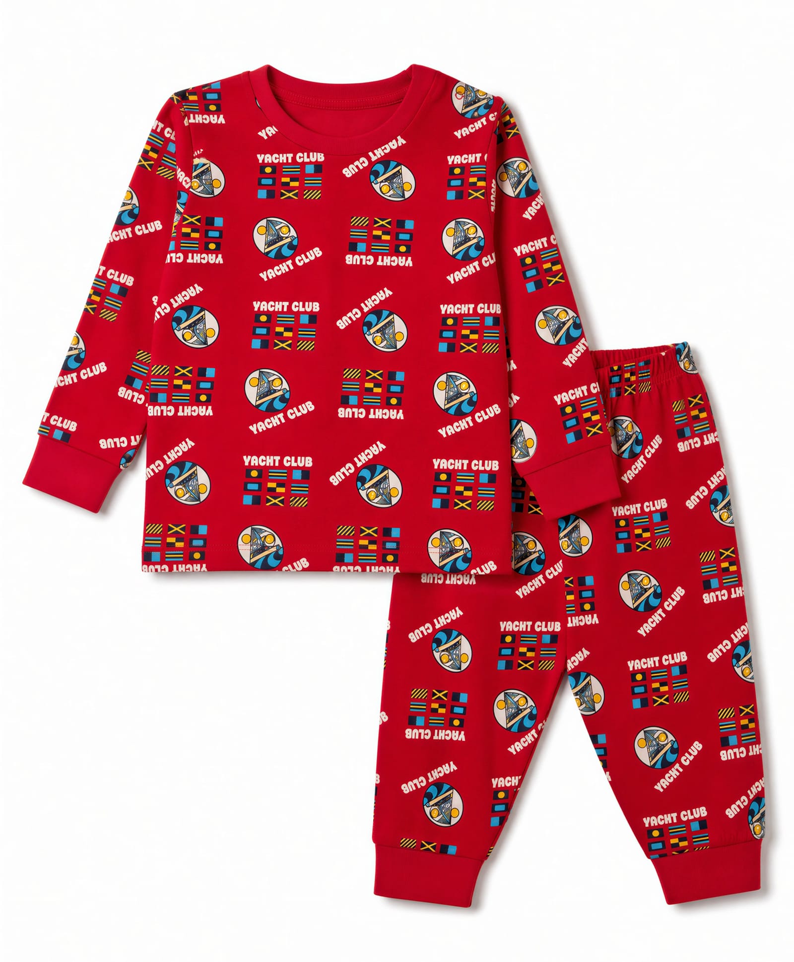 CUCUMBER Interlock Knit Full Sleeves T-Shirt & Jogger With Nautical & Text Print - Red-picture-24