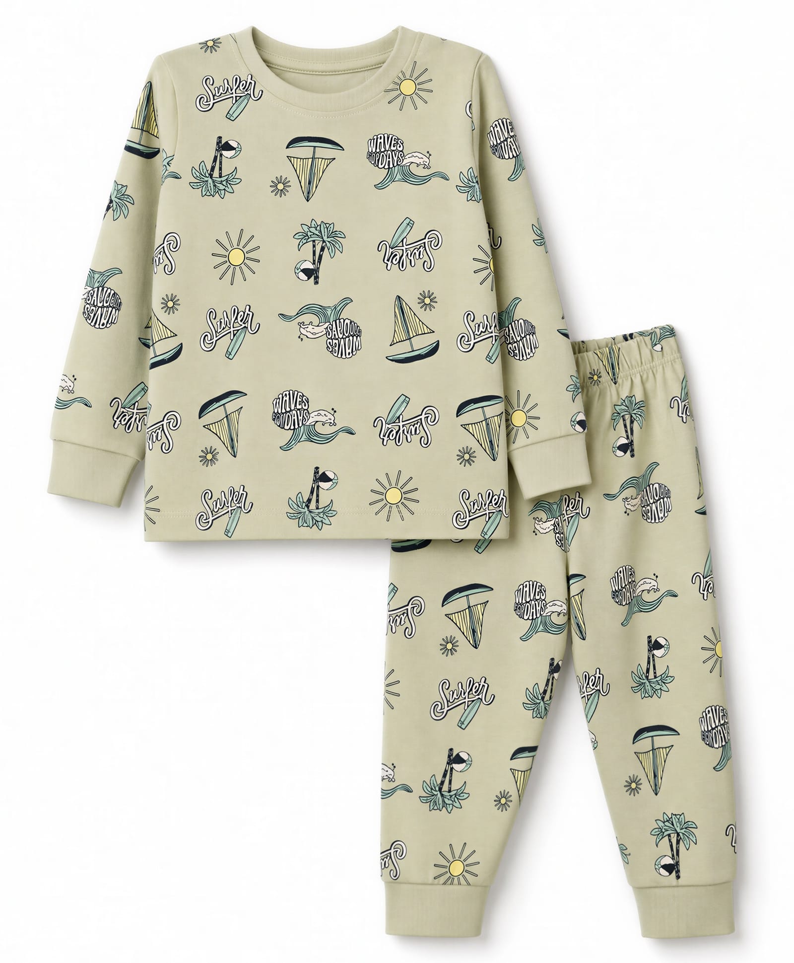 CUCUMBER Interlock Knit Full Sleeves T-Shirt & Jogger With Nautical & Text Print - Light Green-picture-25