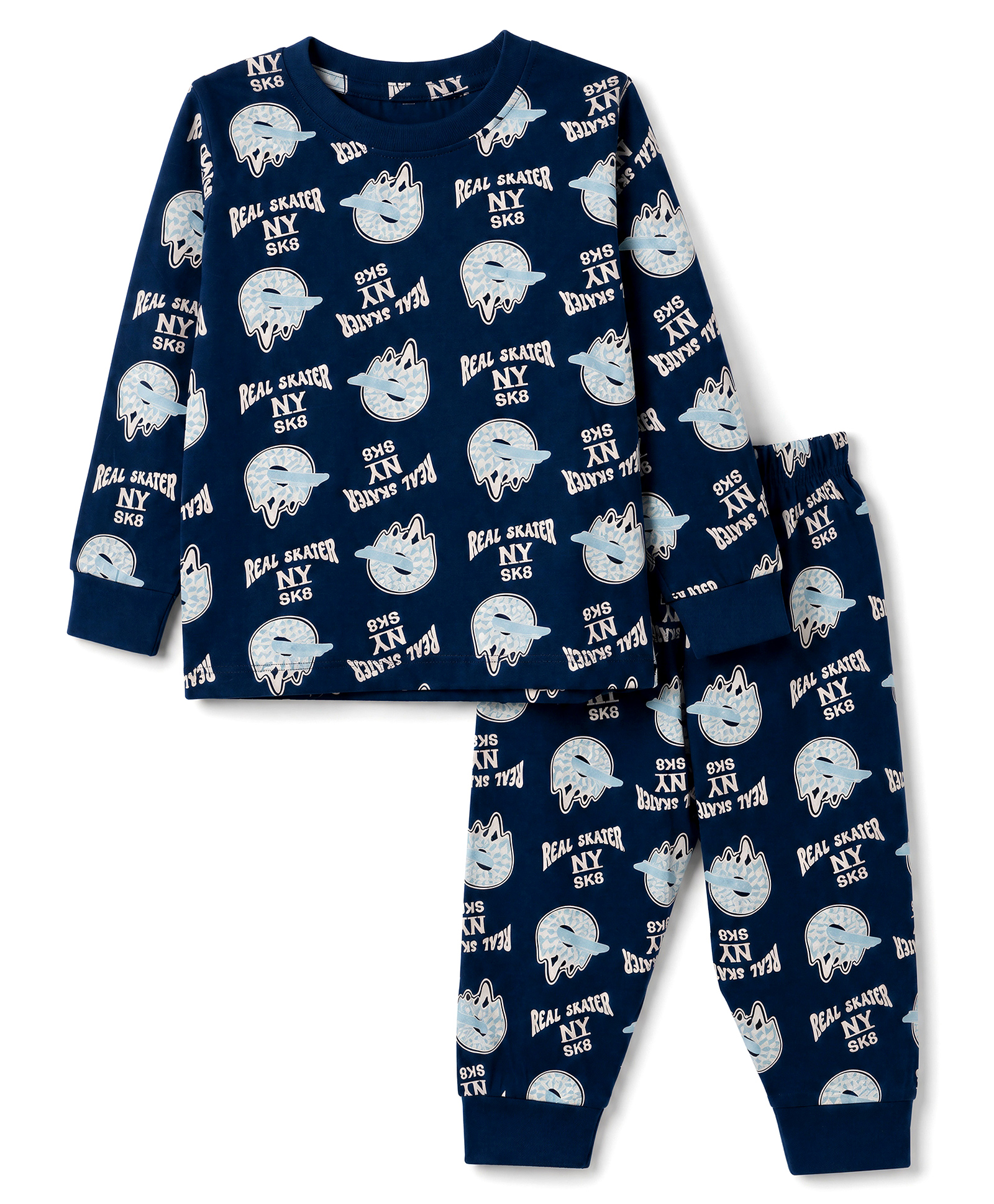 CUCUMBER Interlock Knit Full Sleeves T-Shirt & Jogger With Text Print - Navy Blue-picture-28