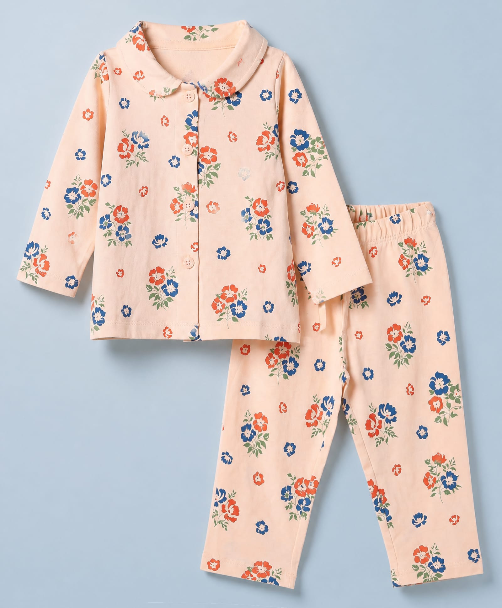 Doodle Poodle 100% Cotton Single Jersey Knit Front Open Full Sleeves Co-ord Shirt & Pajama Night Suit with Floral Print - Cream-picture-21