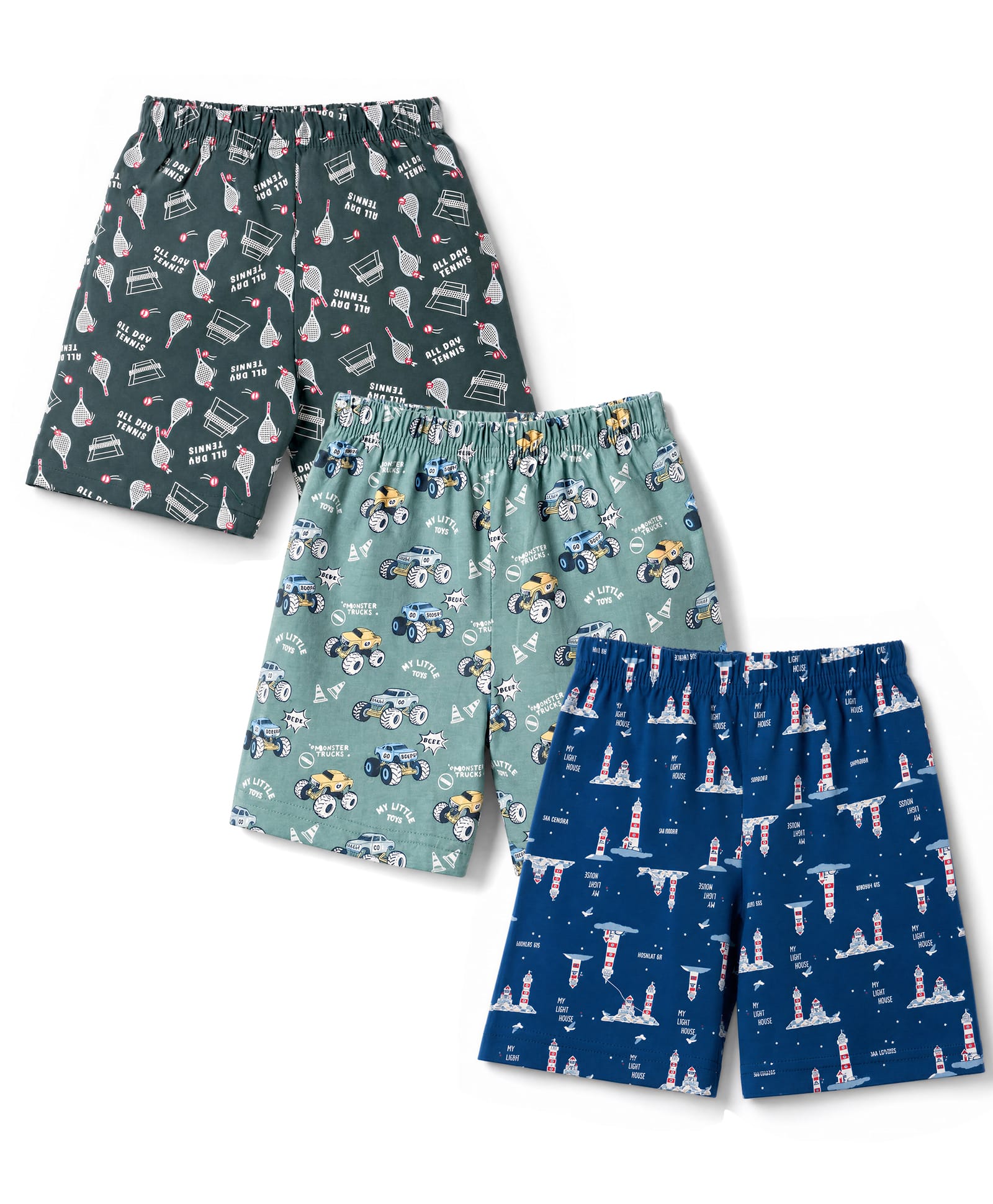 Cucumber Sinker Knit Above Knee Length Shorts with Vehicles & Sports Theme Print Pack of 3 - Olive Green & Blue-picture-34