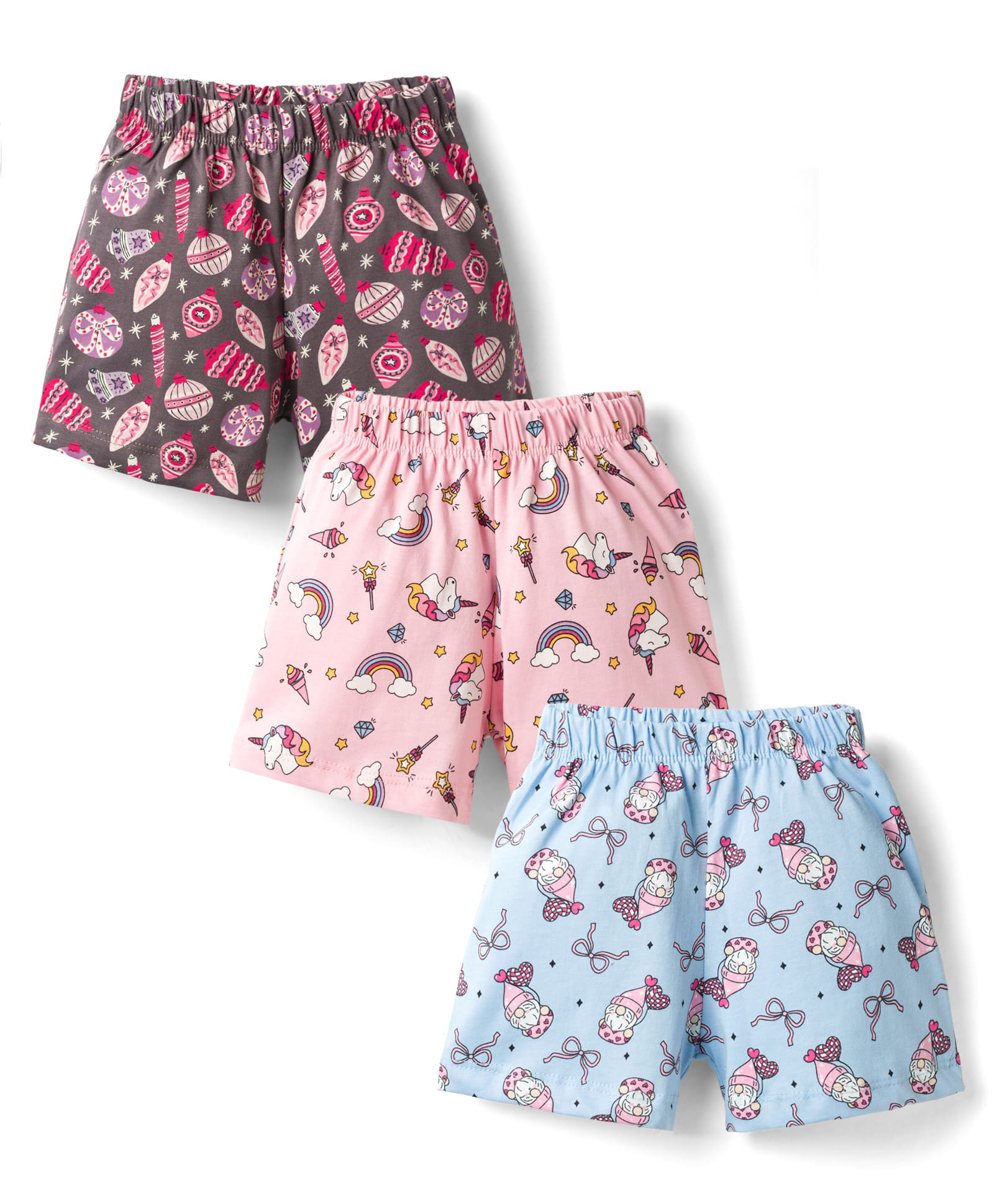 Cucumber Sinker Knit Above Knee Length Shorts with Unicorn & Icecream Print Pack of 3 - Light Pink & Blue-picture-18