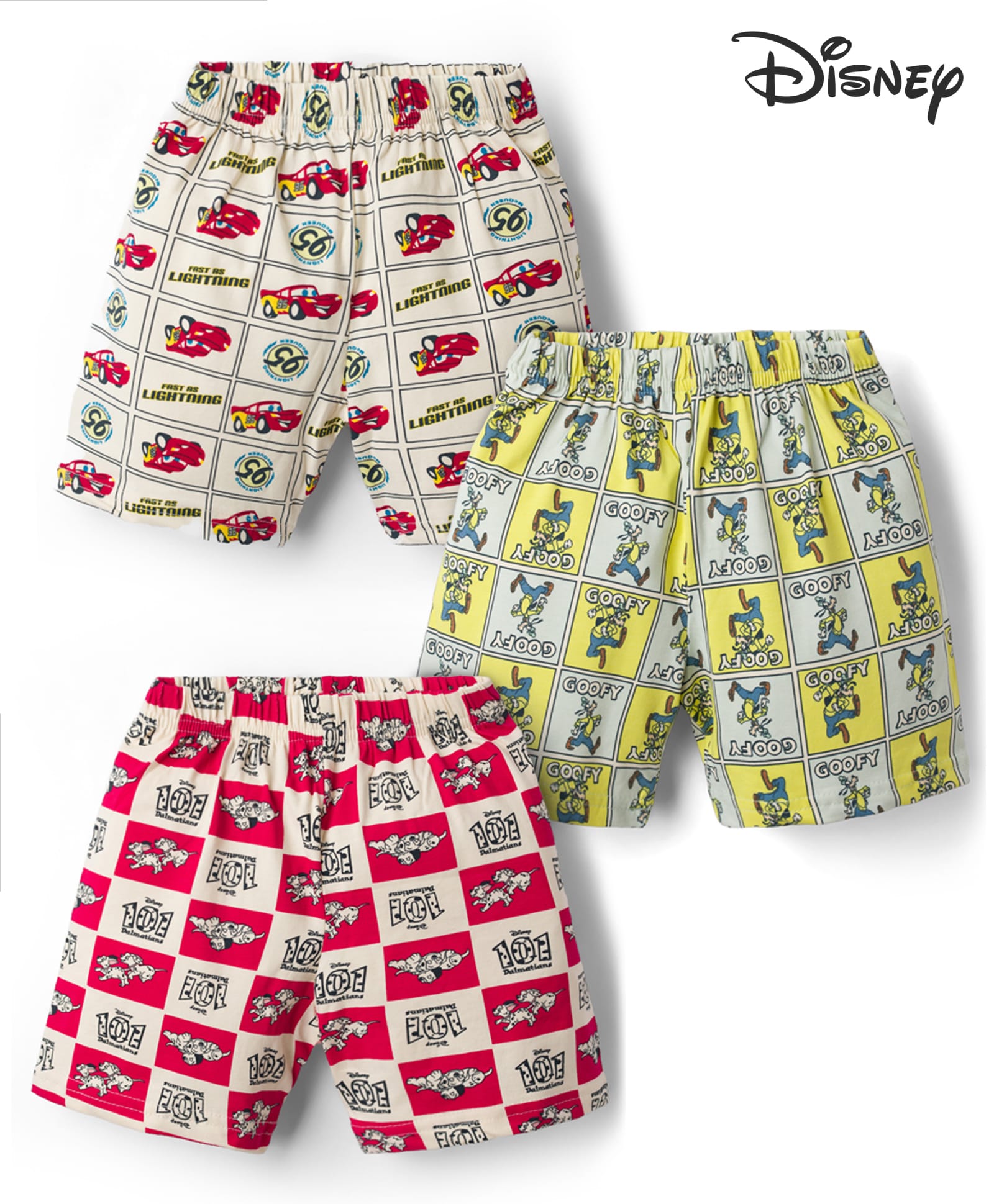 Cucumber Sinker Knit Above Knee Length Shorts with 101 Dalmatians & Goofy Print Pack of 3 - Cream-picture-10