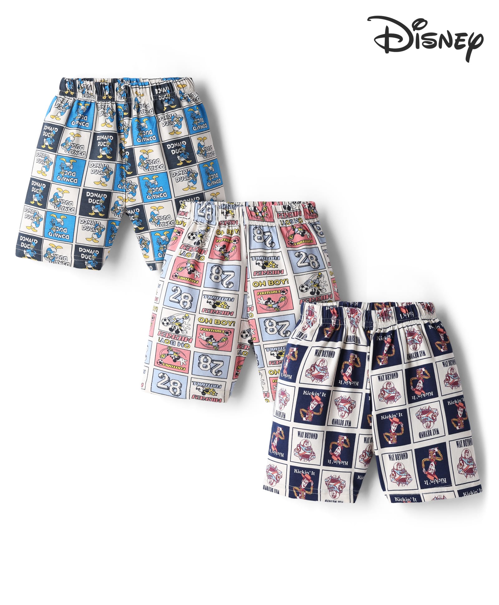 Cucumber Sinker Knit Above Knee Length Shorts with Donald Duck Toy Story & Mickey Football Print Pack of 3 - Cream & Blue-picture-11