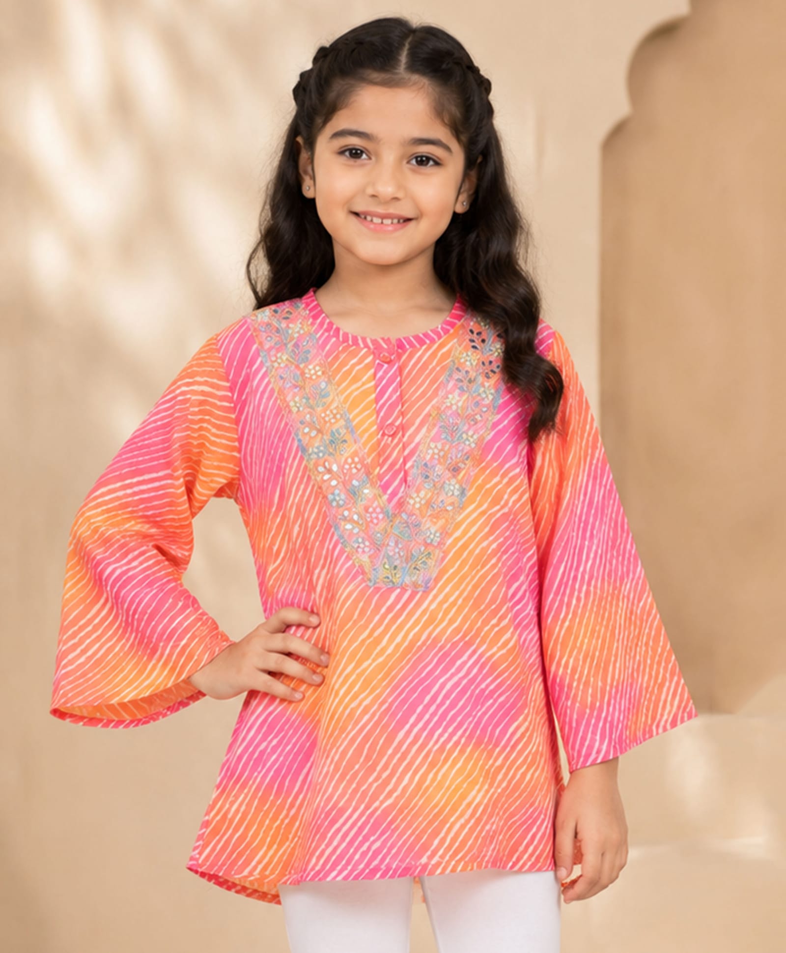 Kiddopanti Georgette Knit Full Sleeves Mirror Work Detailed Floral Embroidered & Leheriya Printed Kurti - Orange-image-1