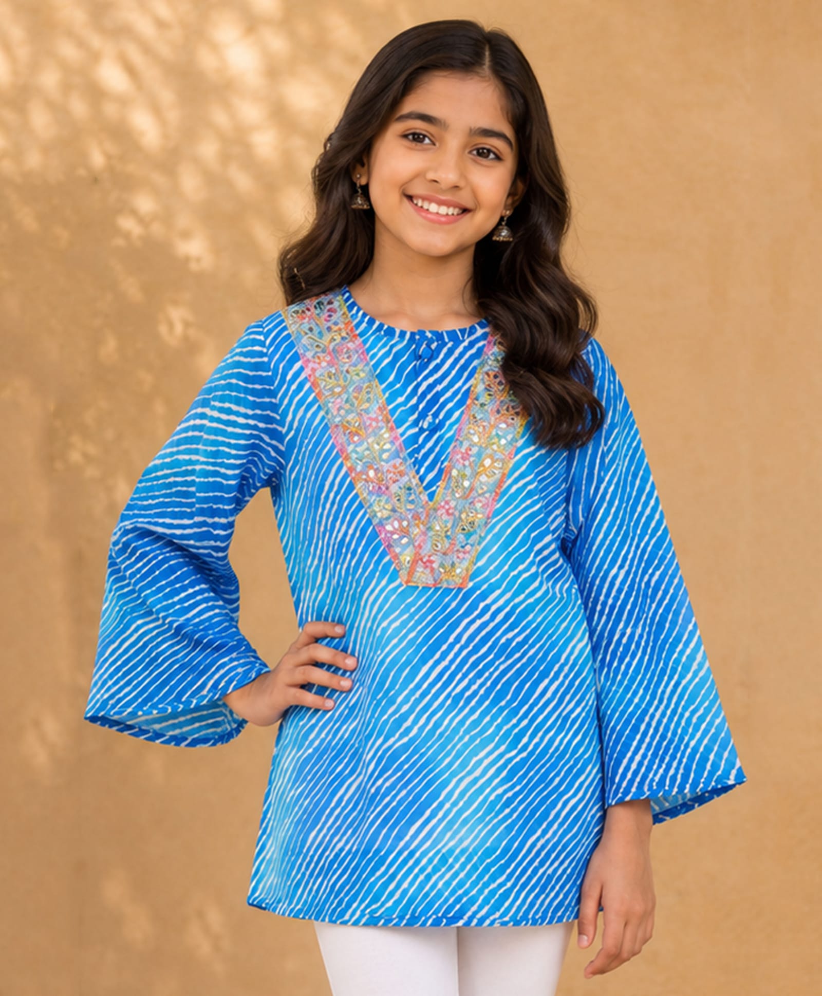 Kiddopanti Georgette Knit Full Sleeves Mirror Work Detailed Floral Embroidered & Leheriya Printed Kurti - Ocean Blue-image-31