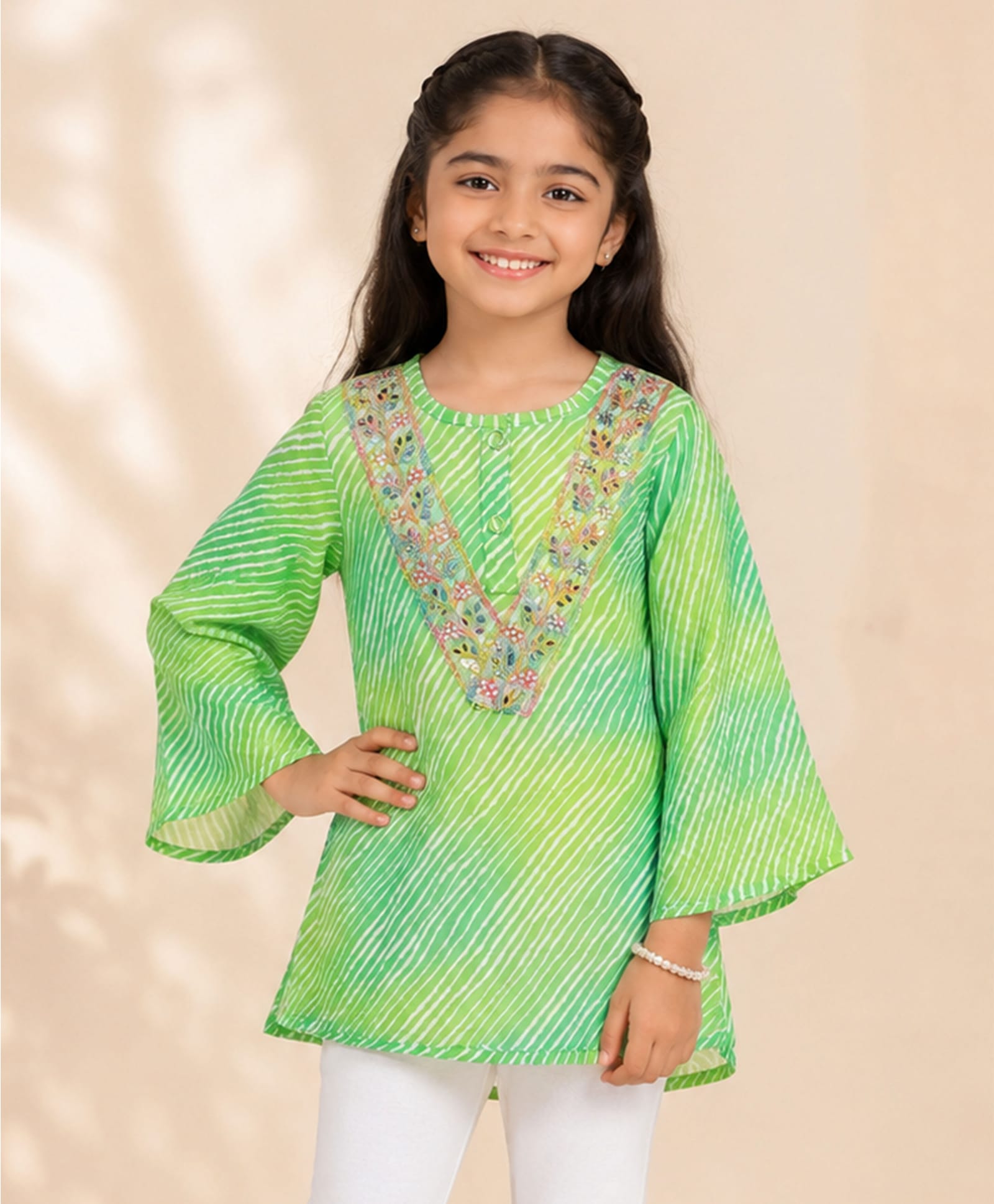 Kiddopanti Georgette Knit Full Sleeves Mirror Work Detailed Floral Embroidered & Leheriya Printed Kurti - Green-image-26