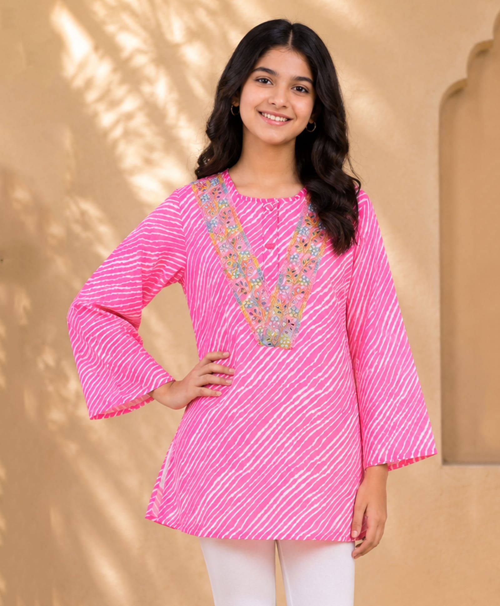 Kiddopanti Georgette Knit Full Sleeves Mirror Work Detailed Floral Embroidered & Leheriya Printed Kurti - Hot Pink-image-46