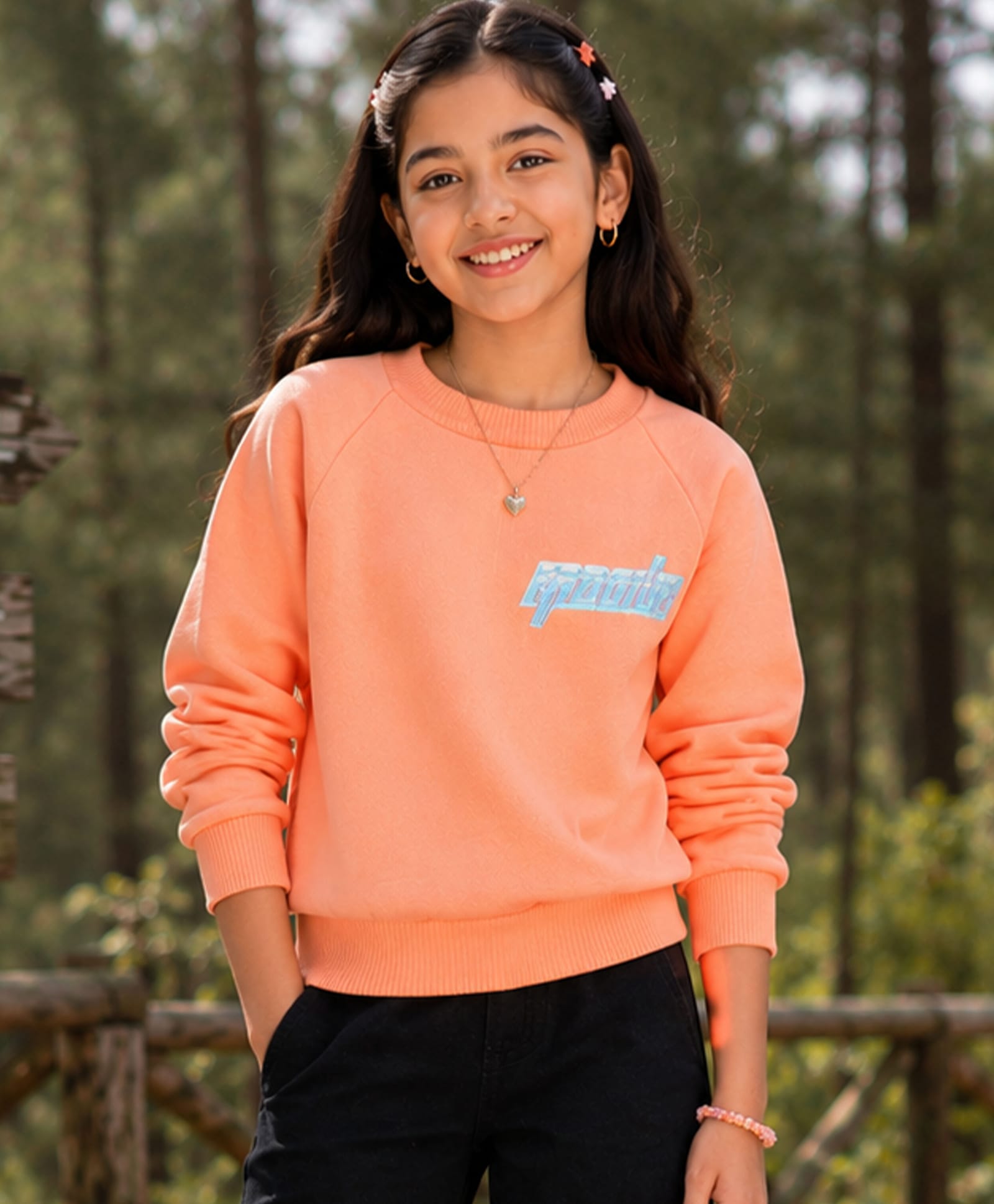 Kiddopanti Fleece Knit Full Sleeves Fragile Text Patch Detailed Light Winter Sweatshirt - Peach-image-32