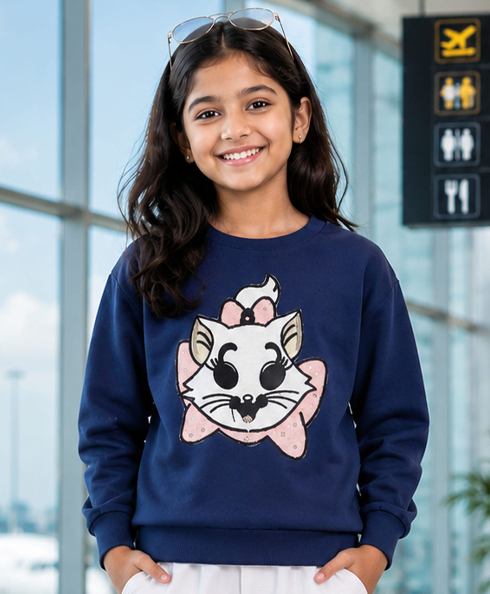 Kiddopanti Fleece Knit Full Sleeves Cat Printed Light Winter Sweatshirt - Navy Blue-picture-32
