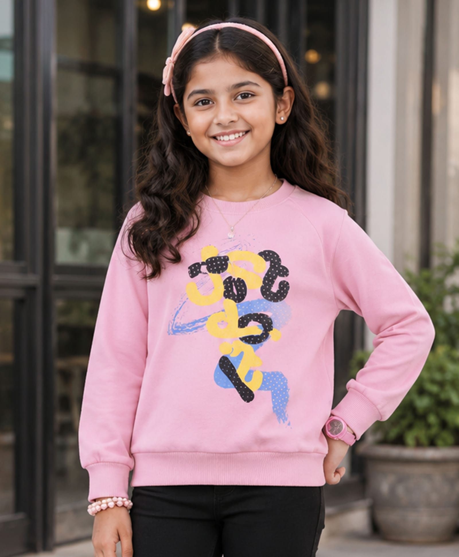Kiddopanti Fleece Knit Full Sleeves Typography Printed Light Winter Sweatshirt - Pink-image-46