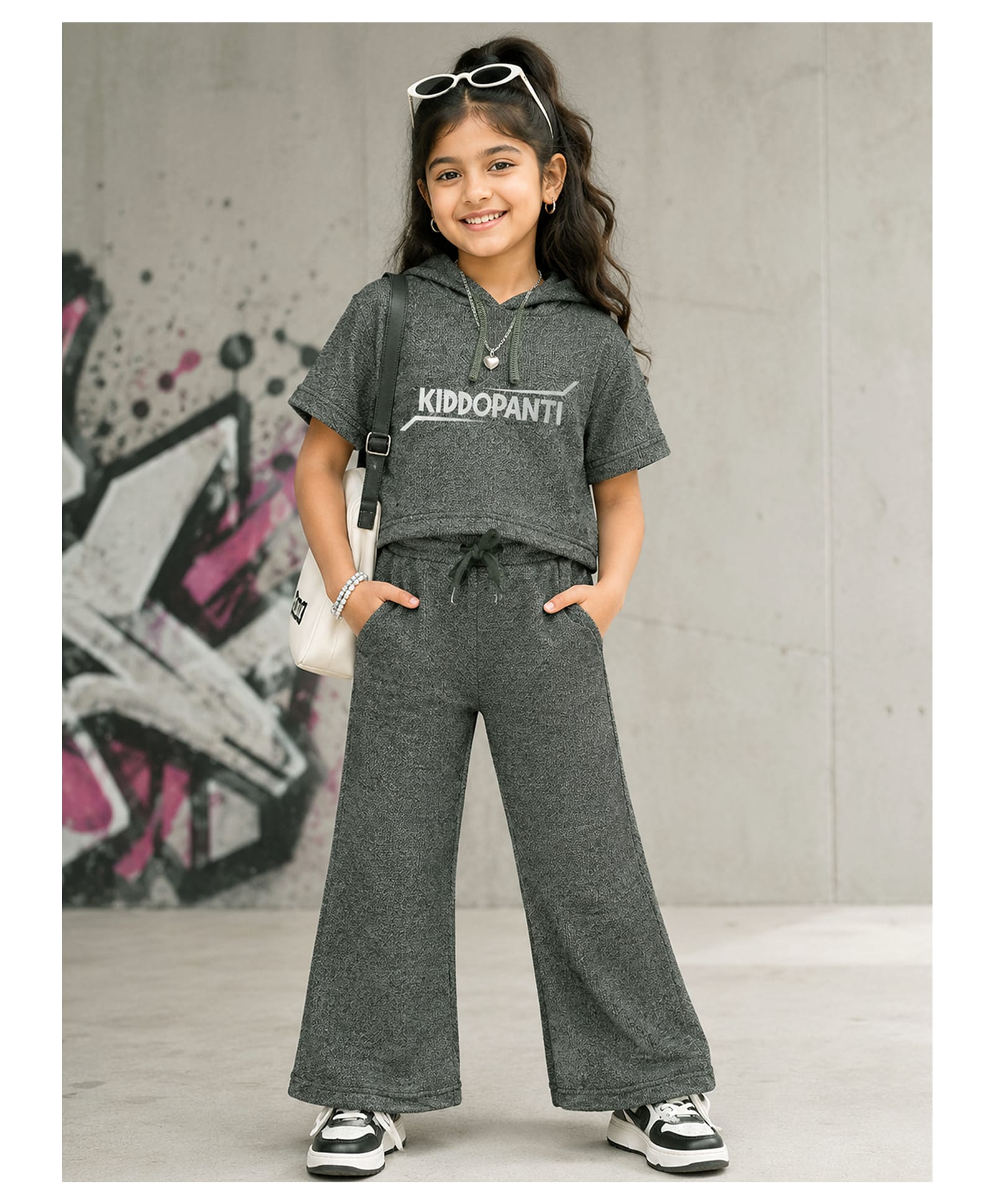 Kiddopanti Cotton Knit Half Sleeves Brand Name Printed Hooded Winter Sweatshirt & Pants Set - Grey-picture-17