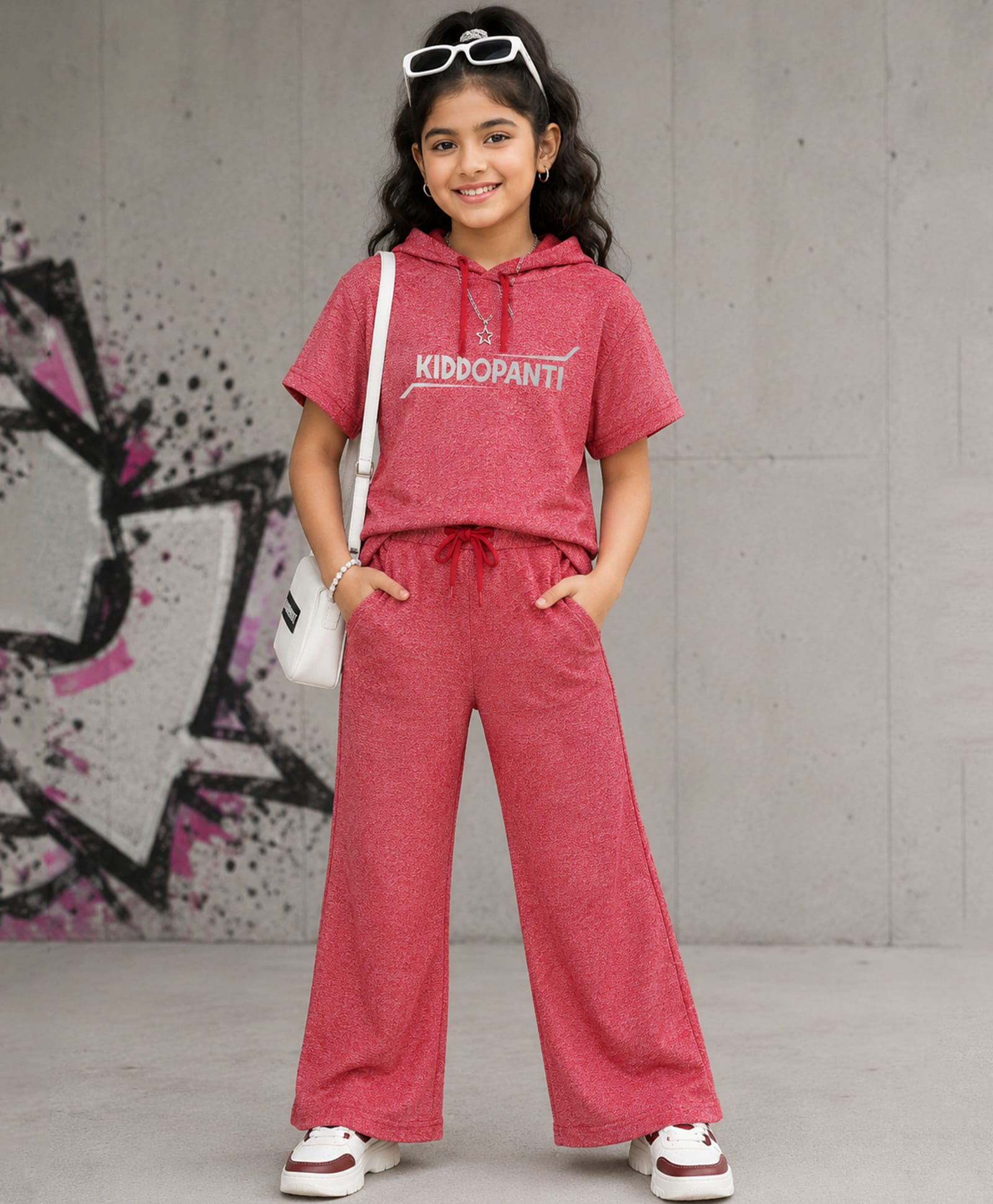 Kiddopanti Cotton Knit Half Sleeves Brand Name Printed Hooded Winter Sweatshirt & Pants Set - Red-picture-16