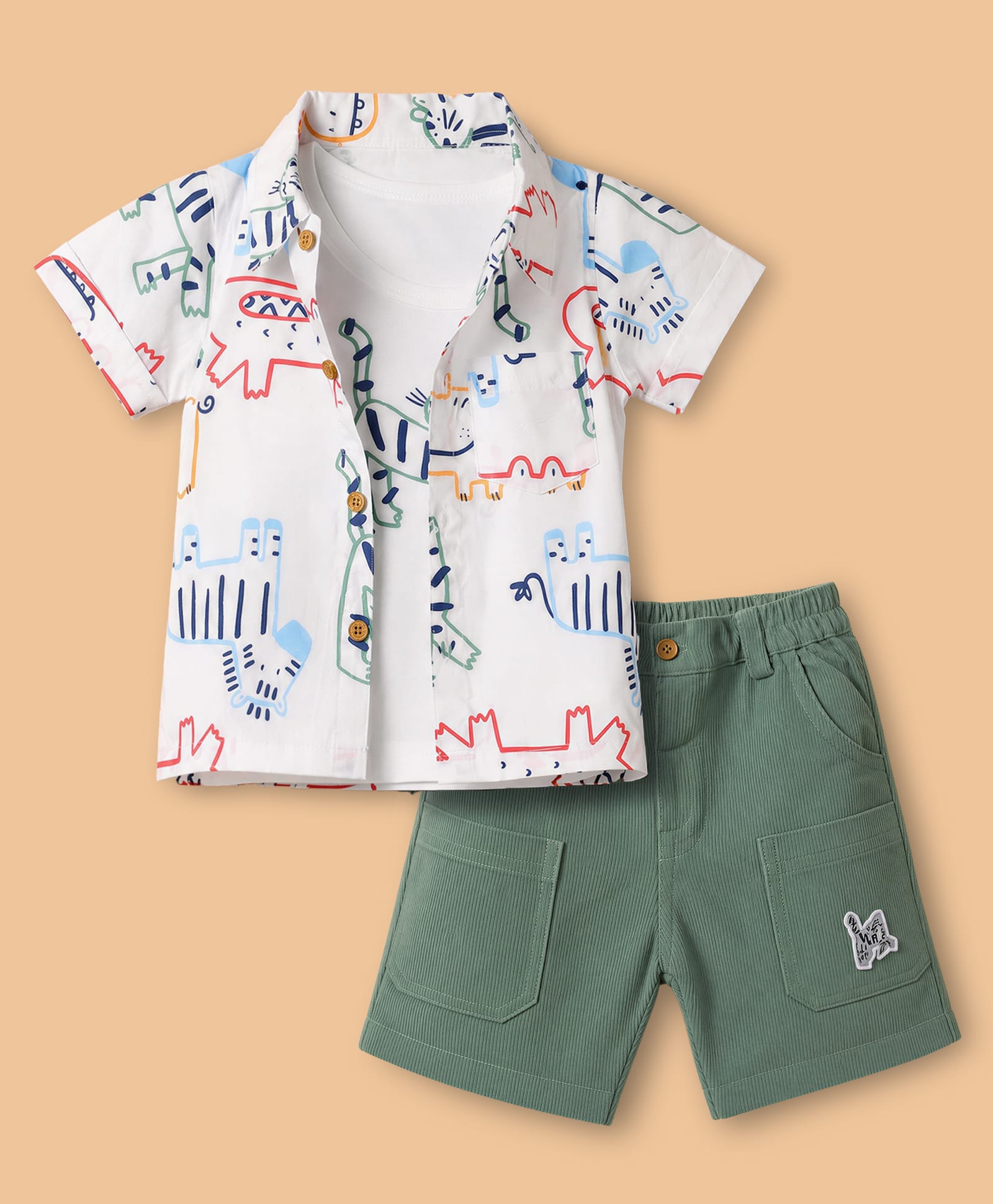 Wow Cotton Knit Half Sleeves Animal Printed Shirt & Shorts Set With Inner Tee- White & Light Green-picture-22