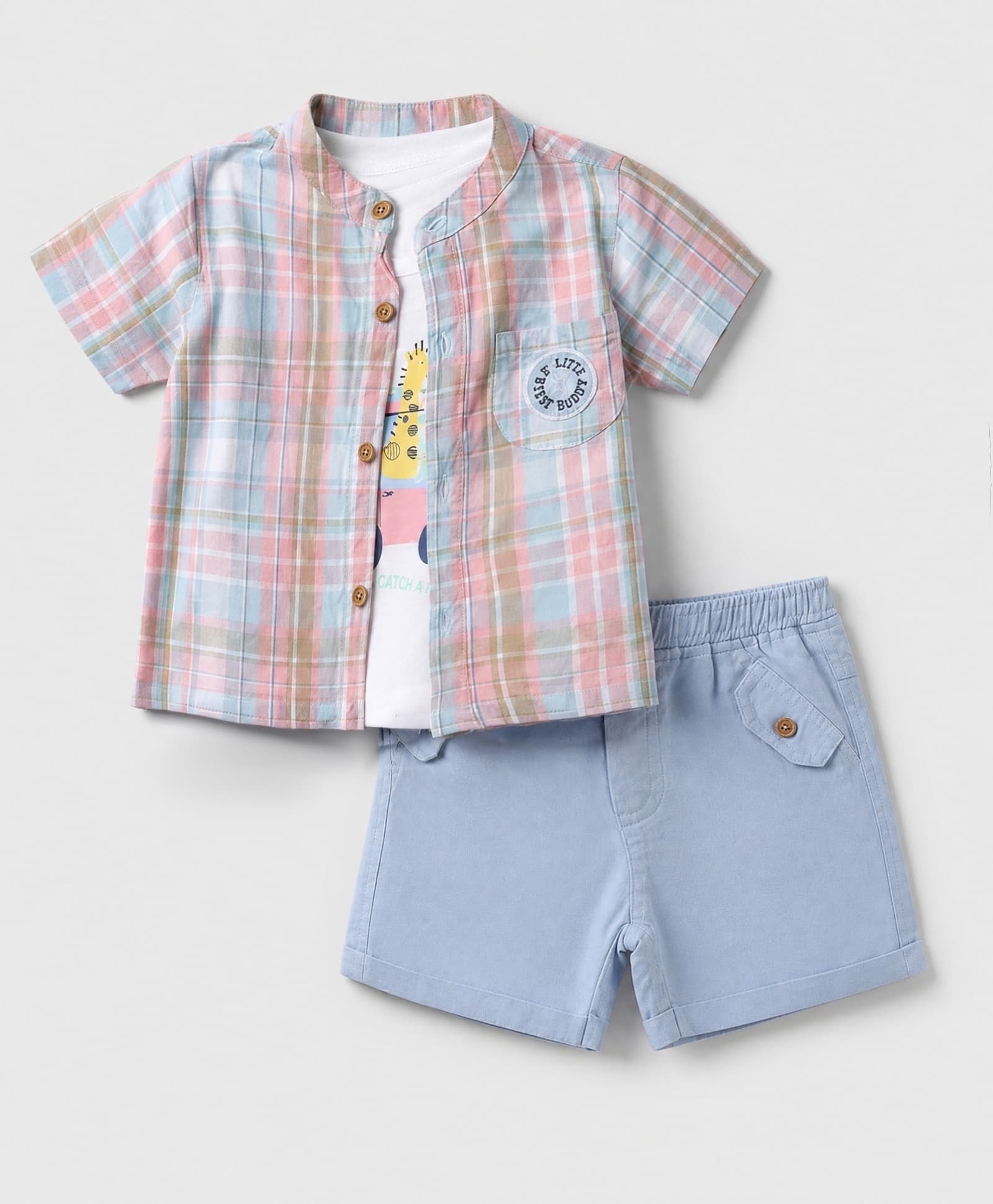 WOW Clothes Cotton Knit Woven Half Sleeves Checks Printed Shirt With Inner Tee & Shorts - Light Blue-image-47