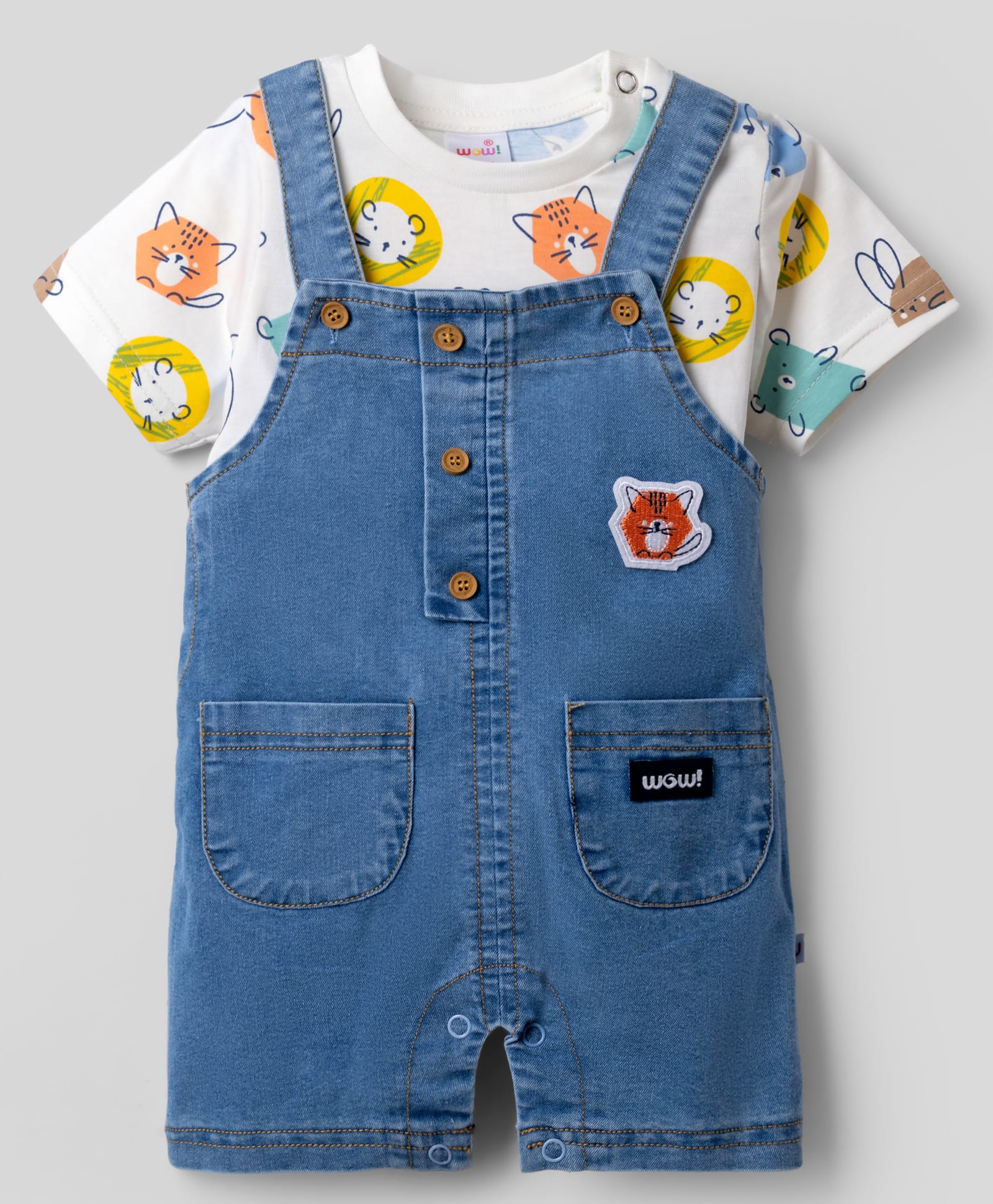WOW Clothes Cotton Woven Half Sleeves Animal Printed T-Shirt With Dungaree - Navy Blue-image-26