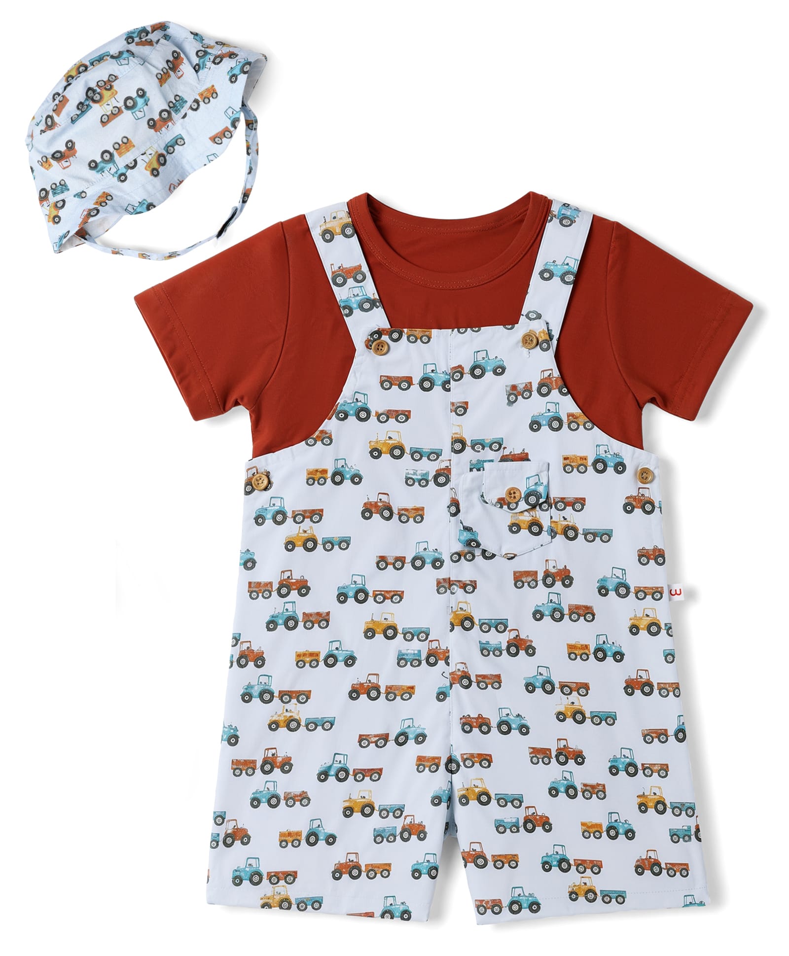 WOW Clothes Cotton Woven Knit Half Sleeves Dungarees & Sets With Car Print & Cap - Light Blue & Red-image-42