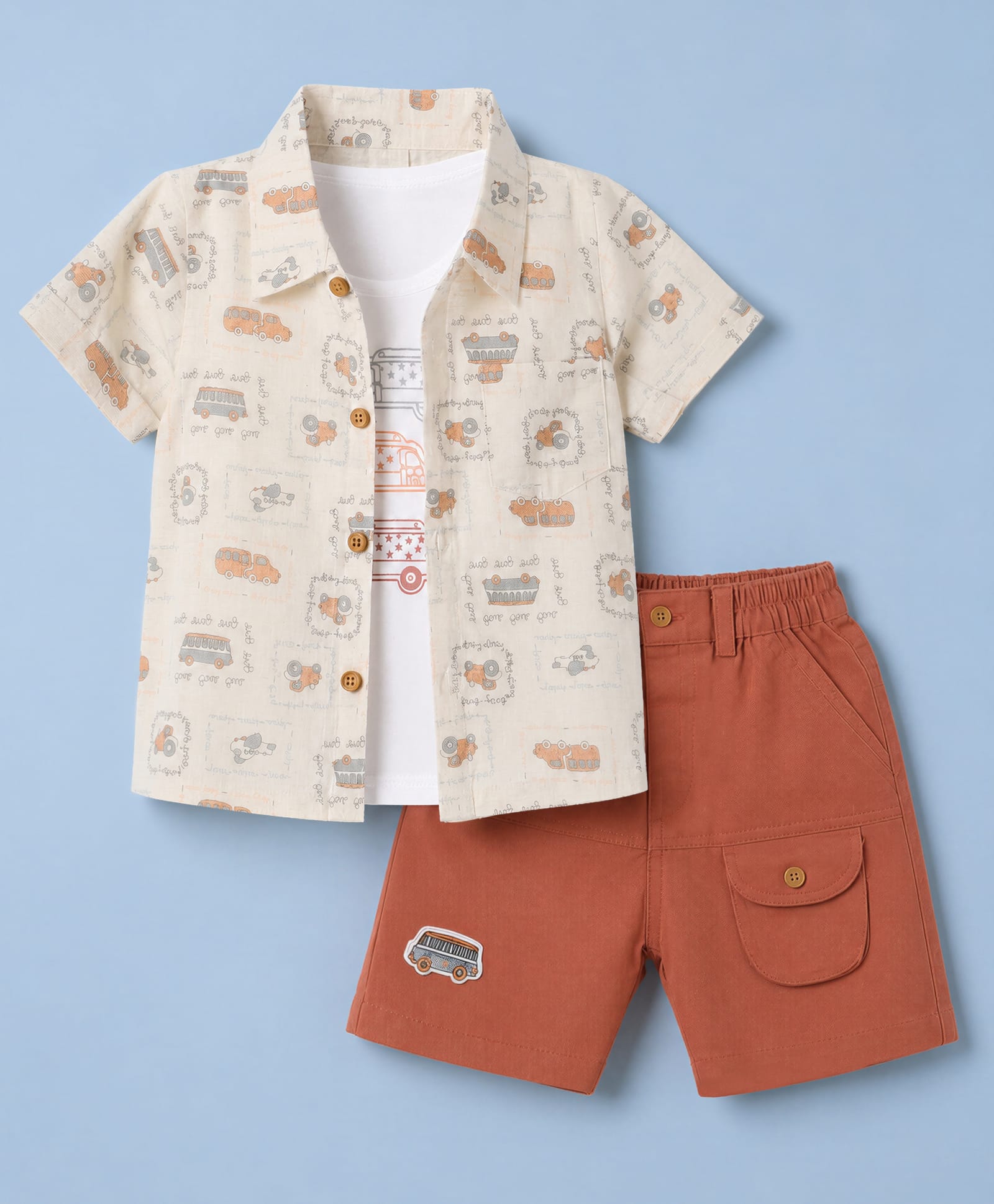 Wow Cotton Knit Half Sleeves Vehicle Printed Shirt & Shorts Set With Inner Tee- Beige & Rust Orange-image-31