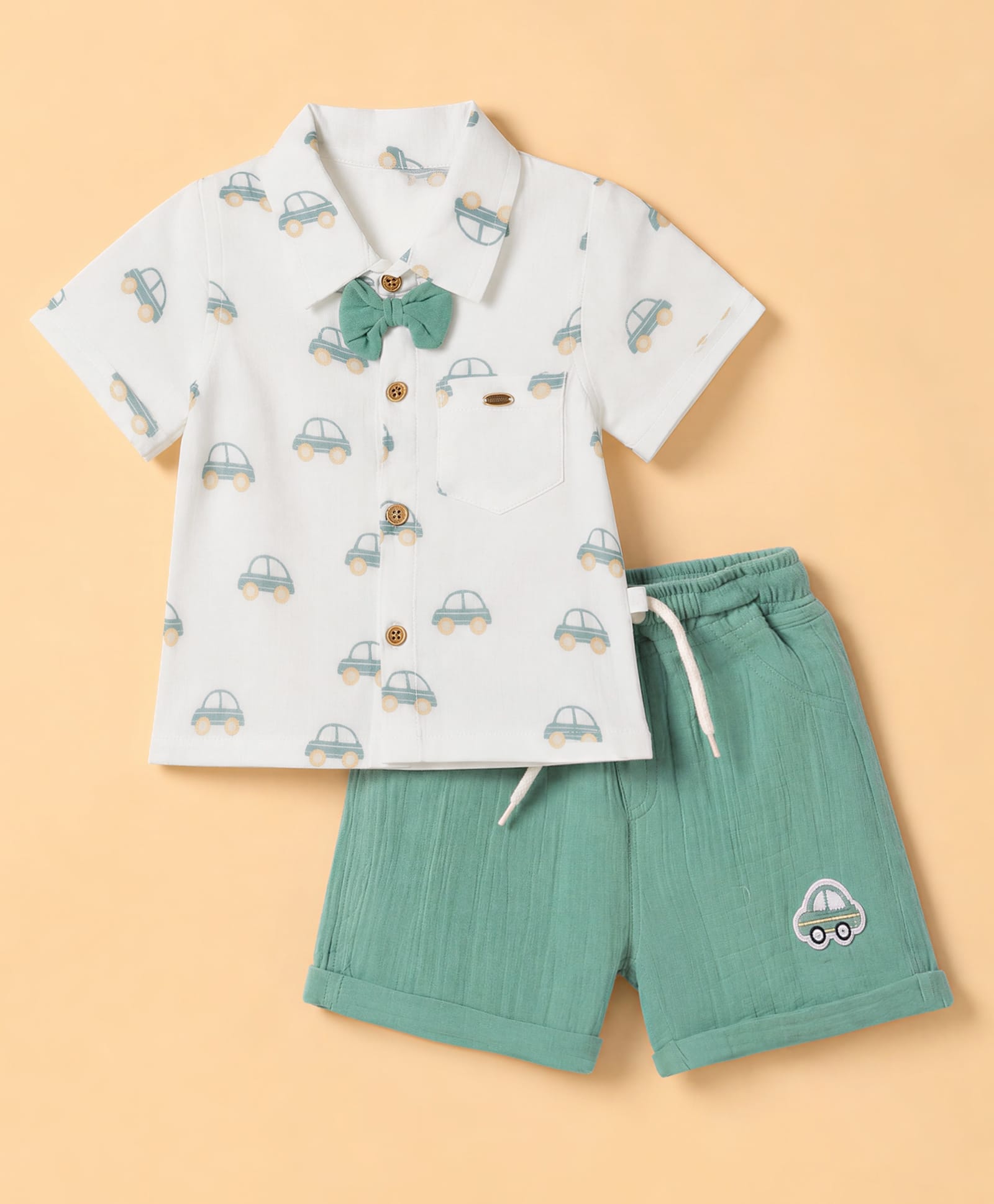 Wow Cotton Knit Half Sleeves Shirt & Shorts Set With Car Print & Bow Applique - Green-image-15