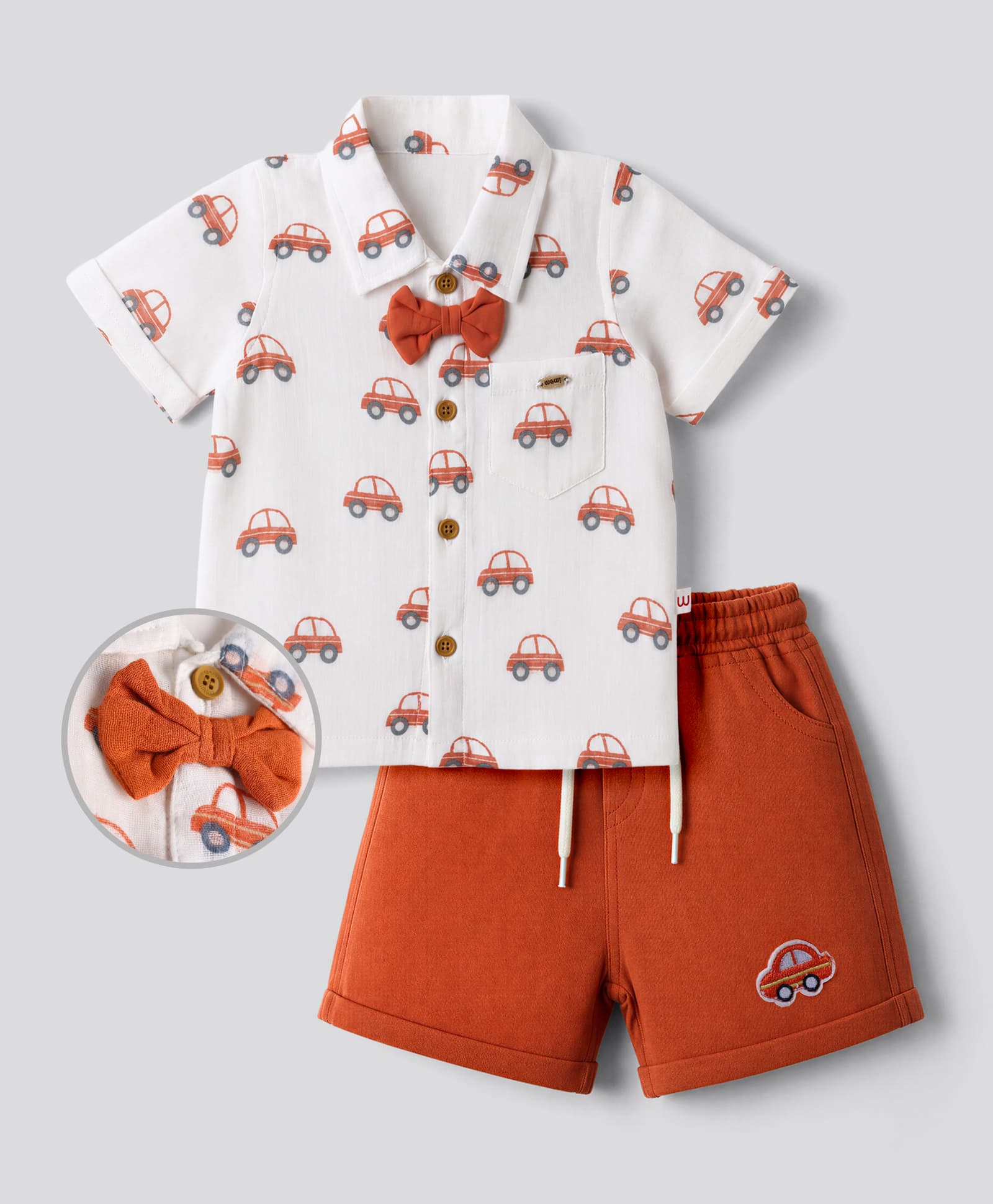 WOW Clothes Cotton Woven Half Sleeves Shirt & Shorts Set With Car Print - Rust Orange-picture-28