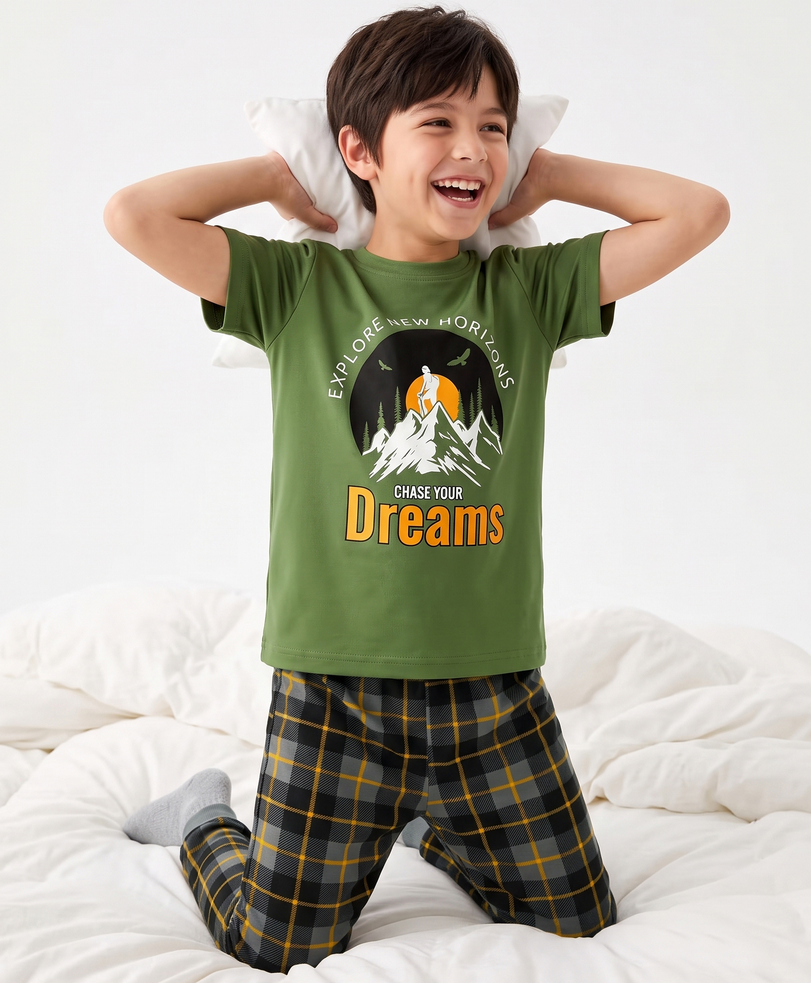 Pine Kids Cotton Knit Half Sleeves Co-Ords T-Shirt & Pyjama Night Suit with Typography & Mountain Print - Green-image-5