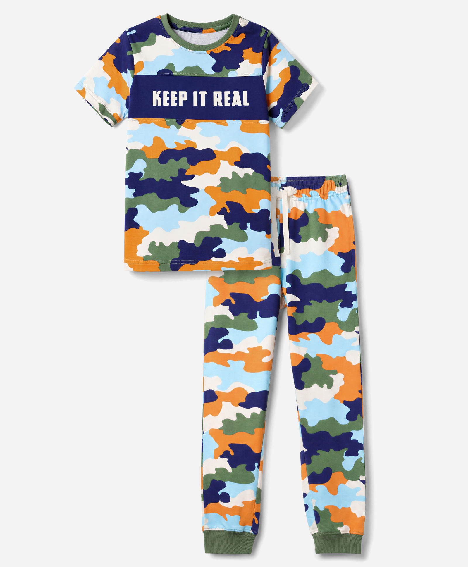 Pine Kids Cotton Knit Half Sleeves T-Shirt & Pyjama Night Suit with Military Print - Sky Blue-image-8