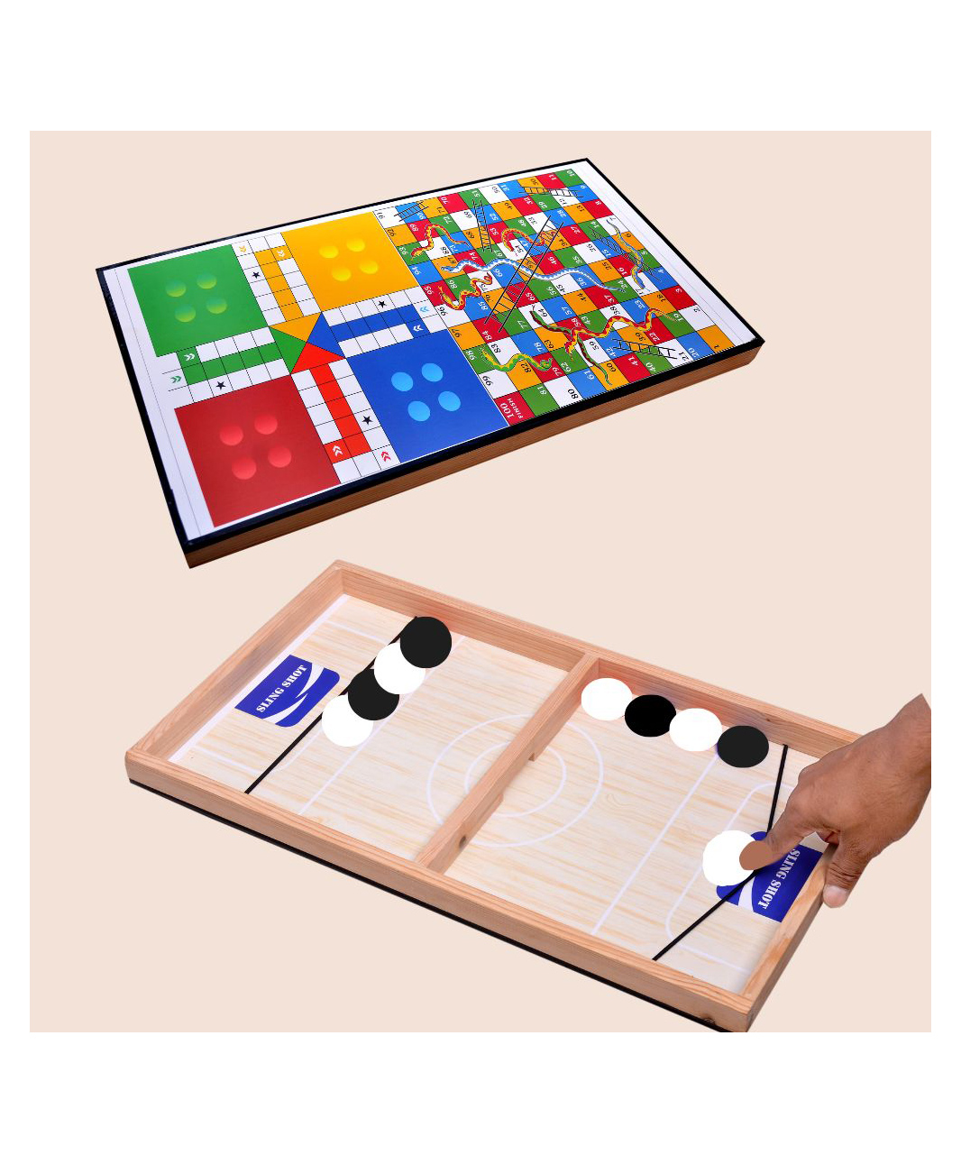 Mad Over Toys 3-in-1 Wooden Slingshot Game with Ludo & Snakes and Ladders Board|Fast Sling Puck Family Game|Indoor Tabletop Board Game Set for Kids & Adults|Includes Pucks, Dice & Pawns-image-44