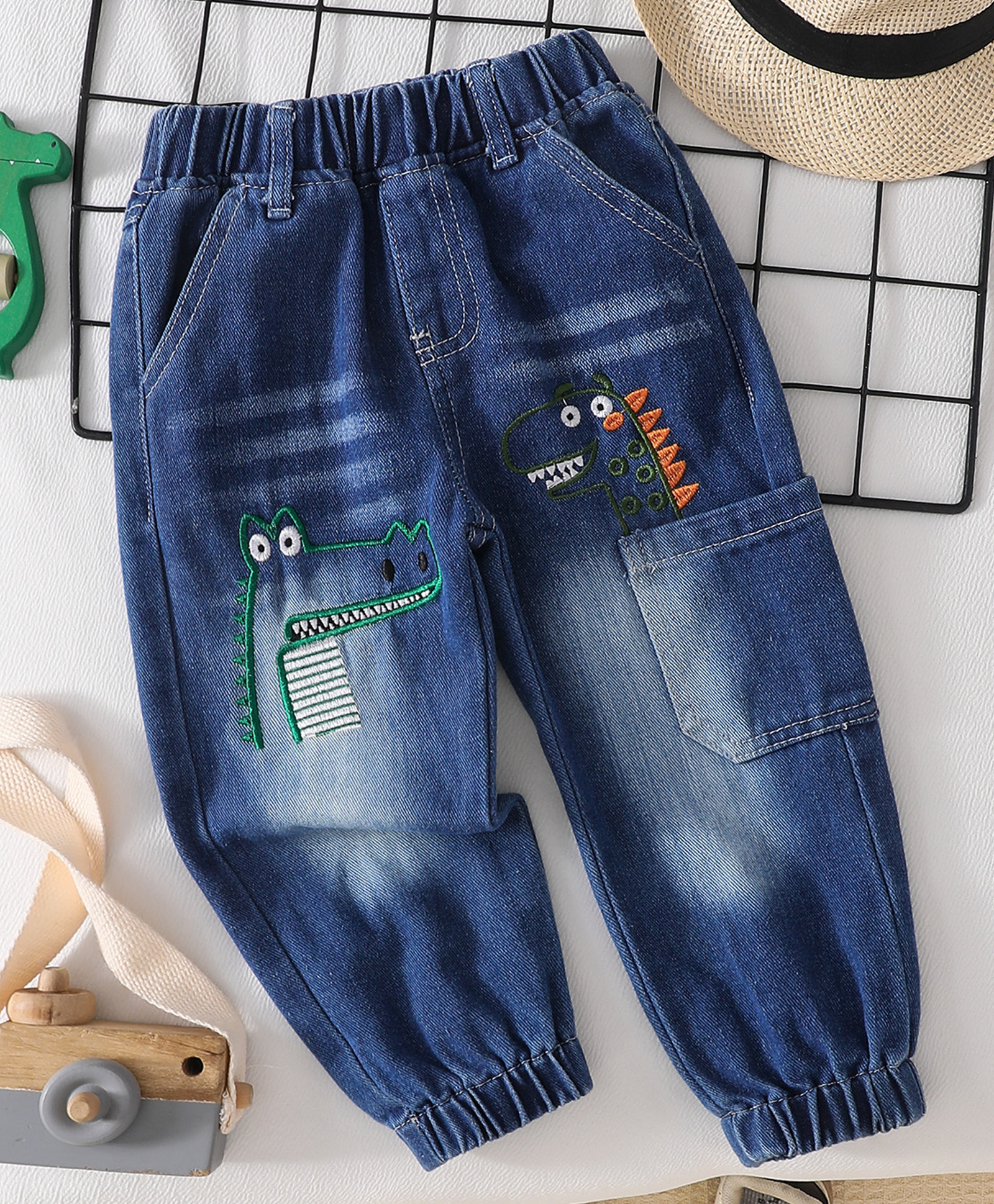 Mark & Mia Cotton Mix Full Length Jeans With Dinosaur Embroidery - Blue-picture-17