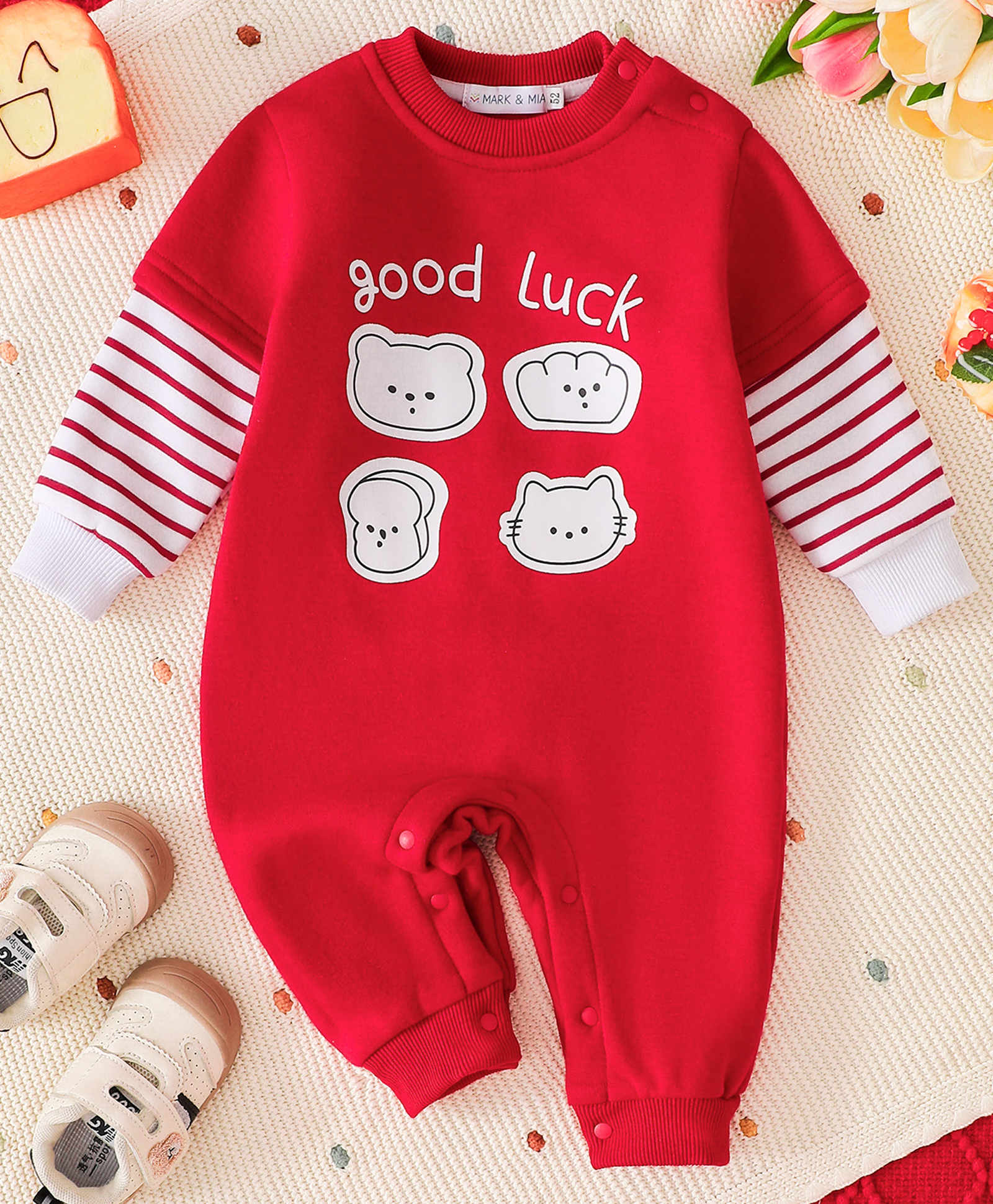 Mark & Mia Cotton Full Sleeves Winter Wear Romper With Teddy Bear Print - Red-image-48