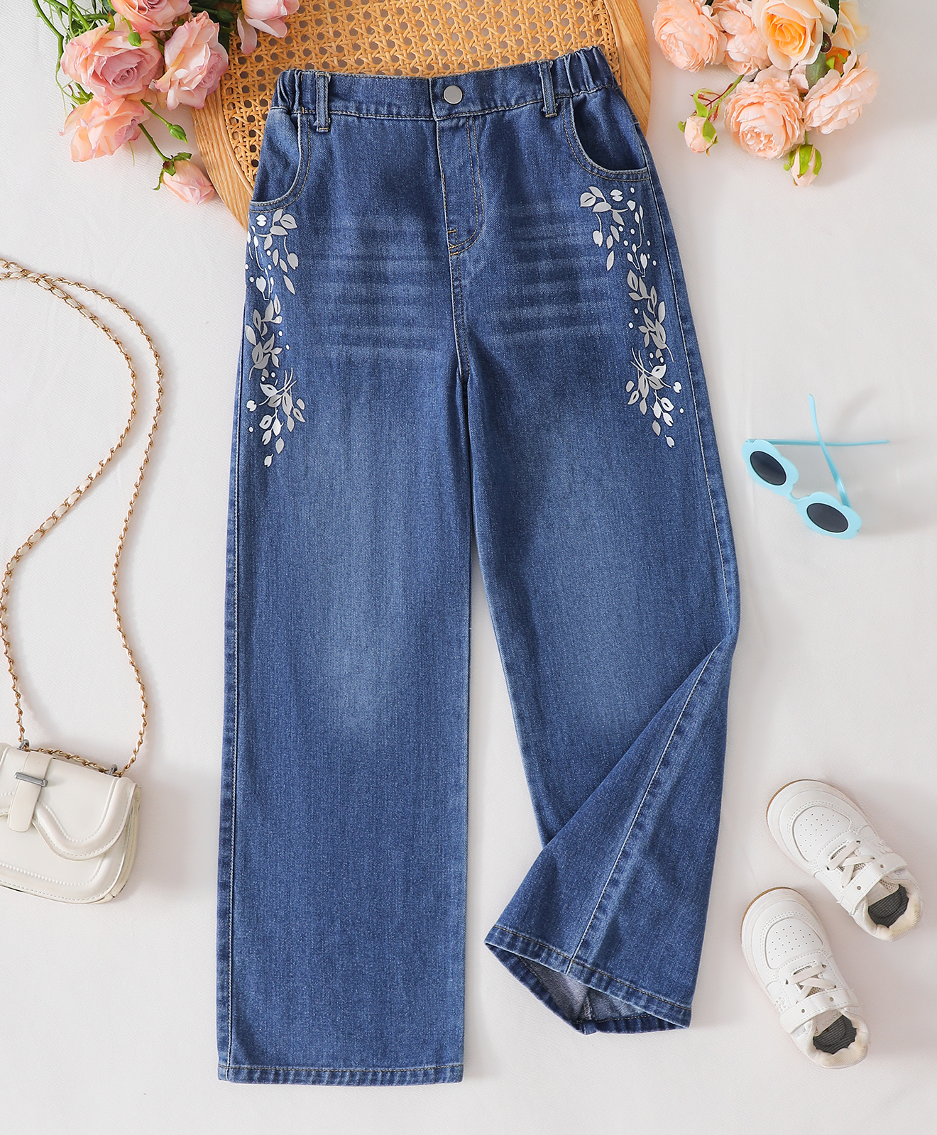 Mark & Mia Cotton Mix Full Length Jeans With Floral Print - Navy Blue-picture-16