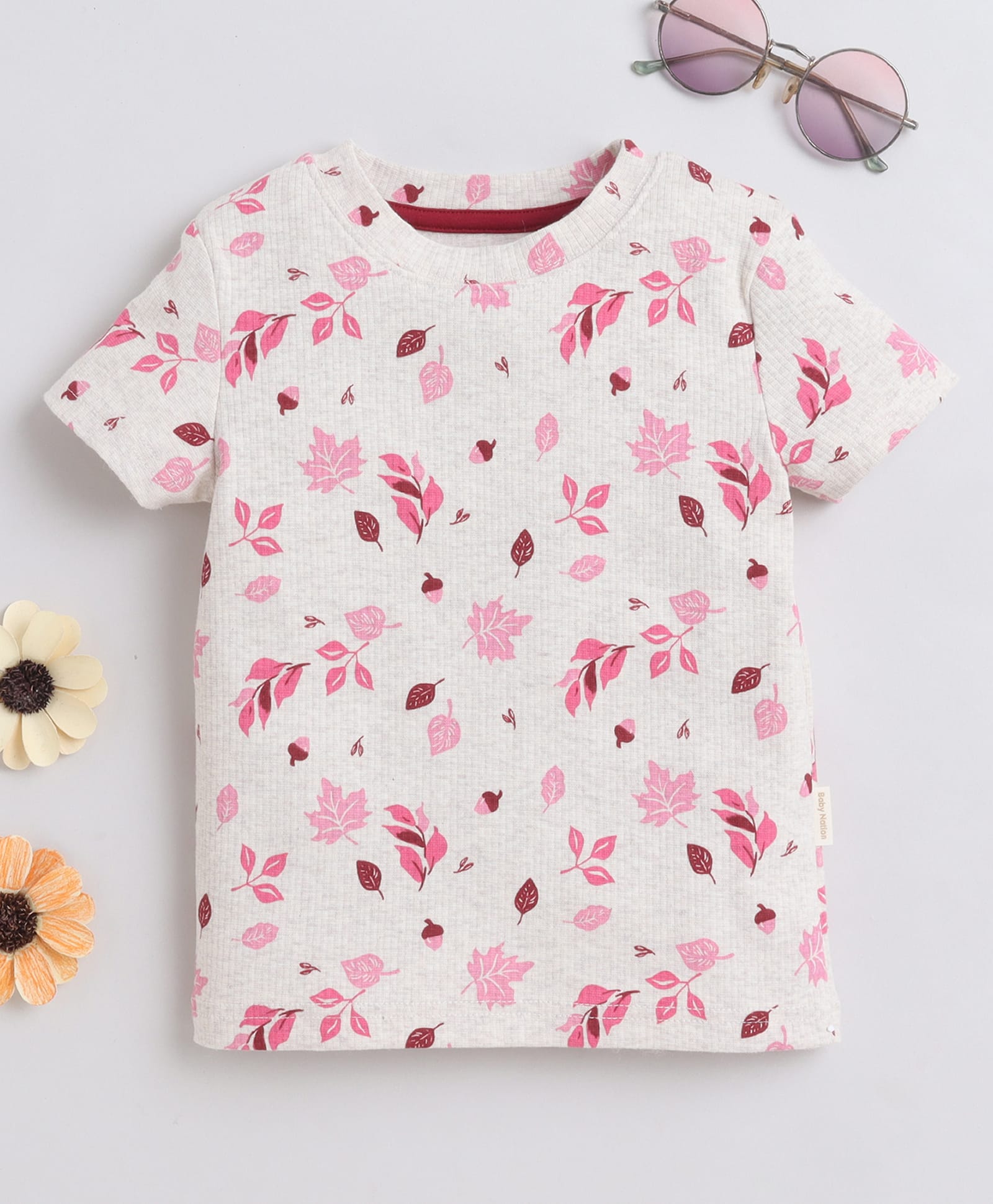 BABY NATION Cotton Knit Half Sleeves Floral Printed Tee - Cream-picture-38
