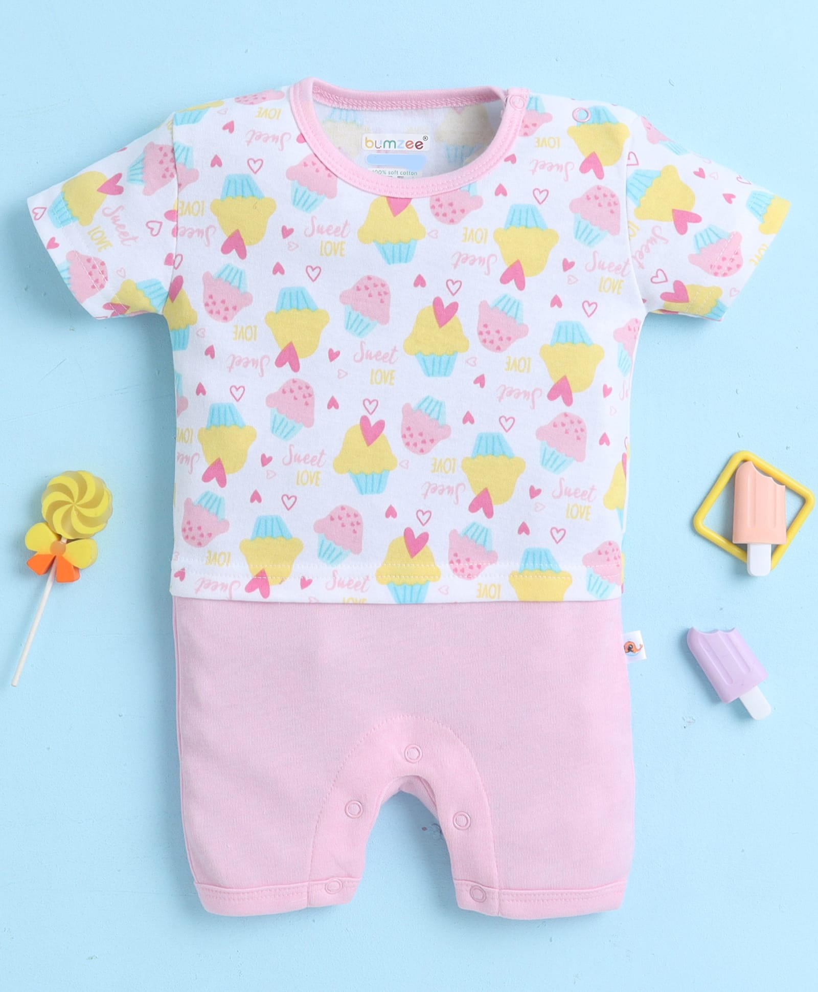 Bumzee Cotton Knit Half Sleeves Cup Cake & Text Print Mid Thigh Length Romper - White & Pink-image-26