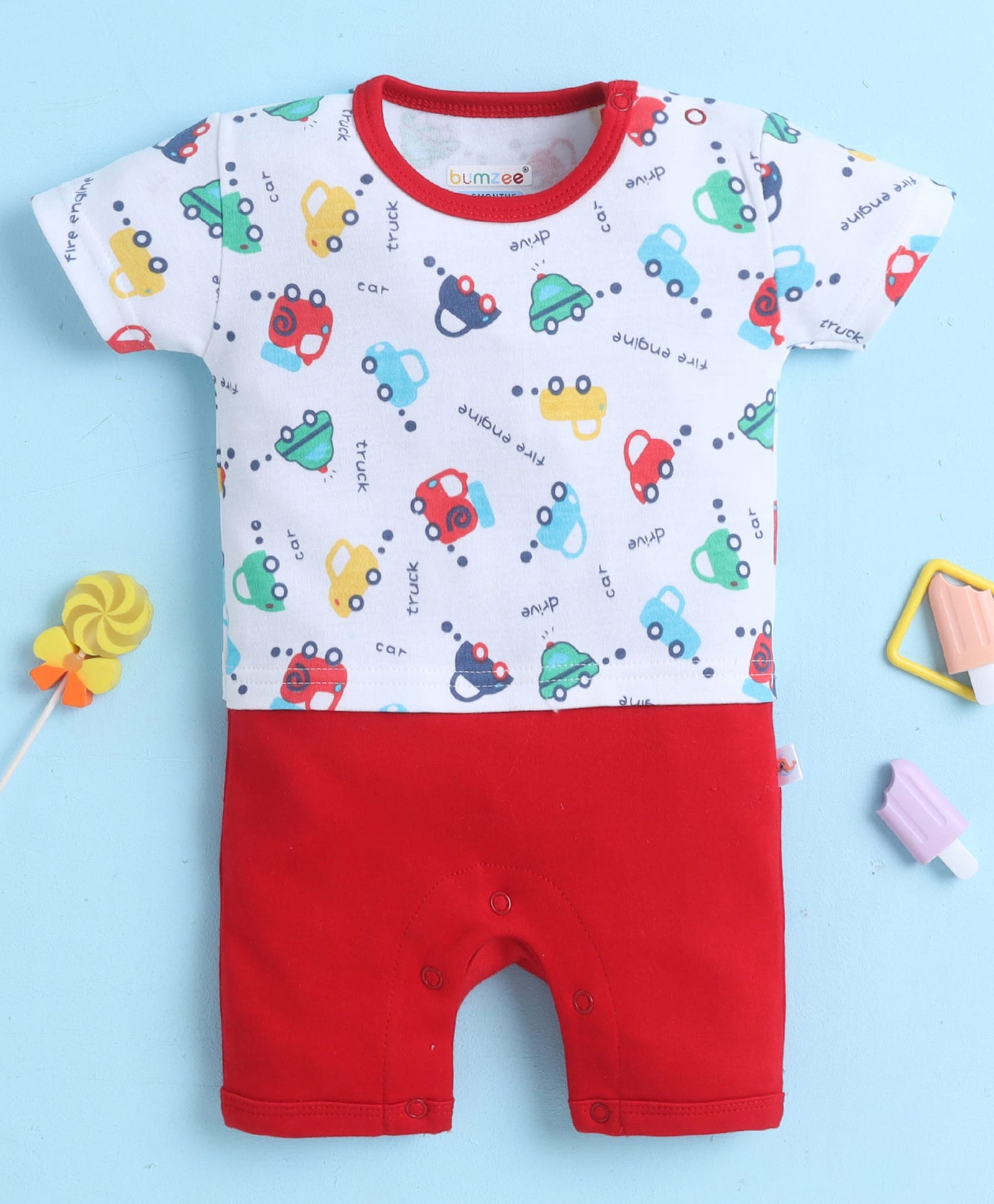 BUMZEE Cotton Knit Half Sleeves Vehicle Print Thigh Length Romper - White & Red-image-25