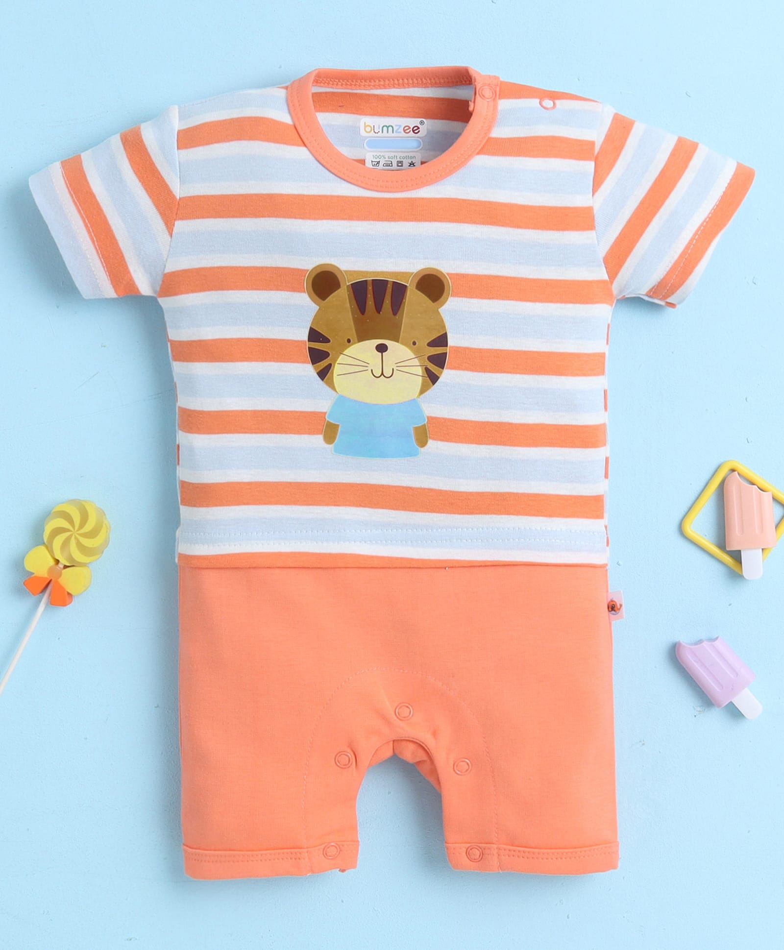 BUMZEE Cotton Knit Half Sleeves Striped & Lion Print Thigh Length Romper - Orange-picture-7
