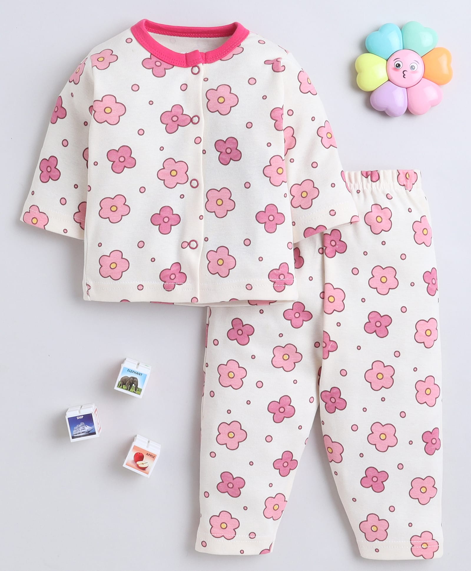 Bumzee Cotton Knit Full Sleeves Co-Ords Top & Pyjama Night Suit with Floral Print - Beige-picture-18