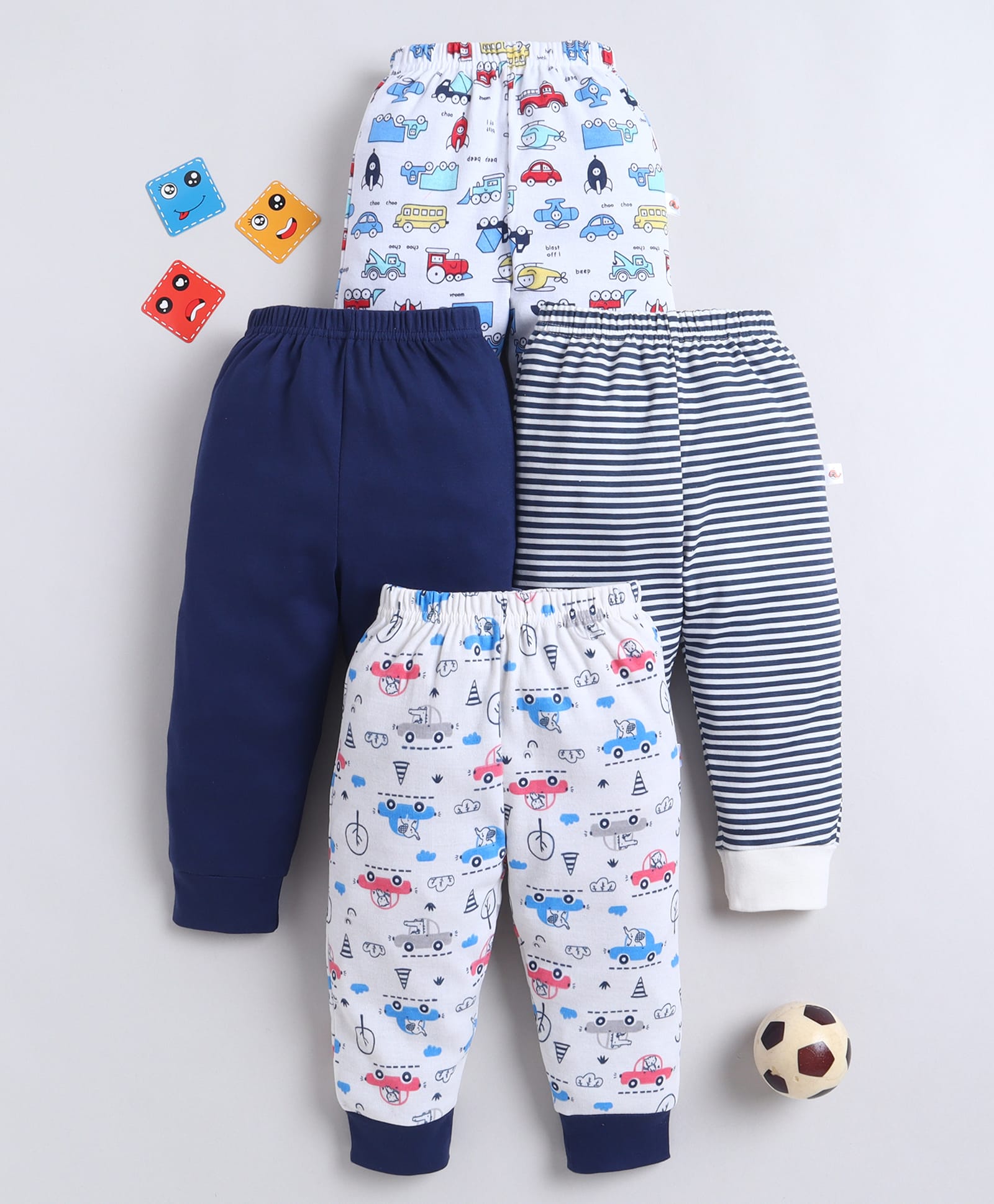 Bumzee Cotton Knit Full Length Striped Pyjamas With Car & Animal Print Pack Of 4 - Navy & White-picture-17