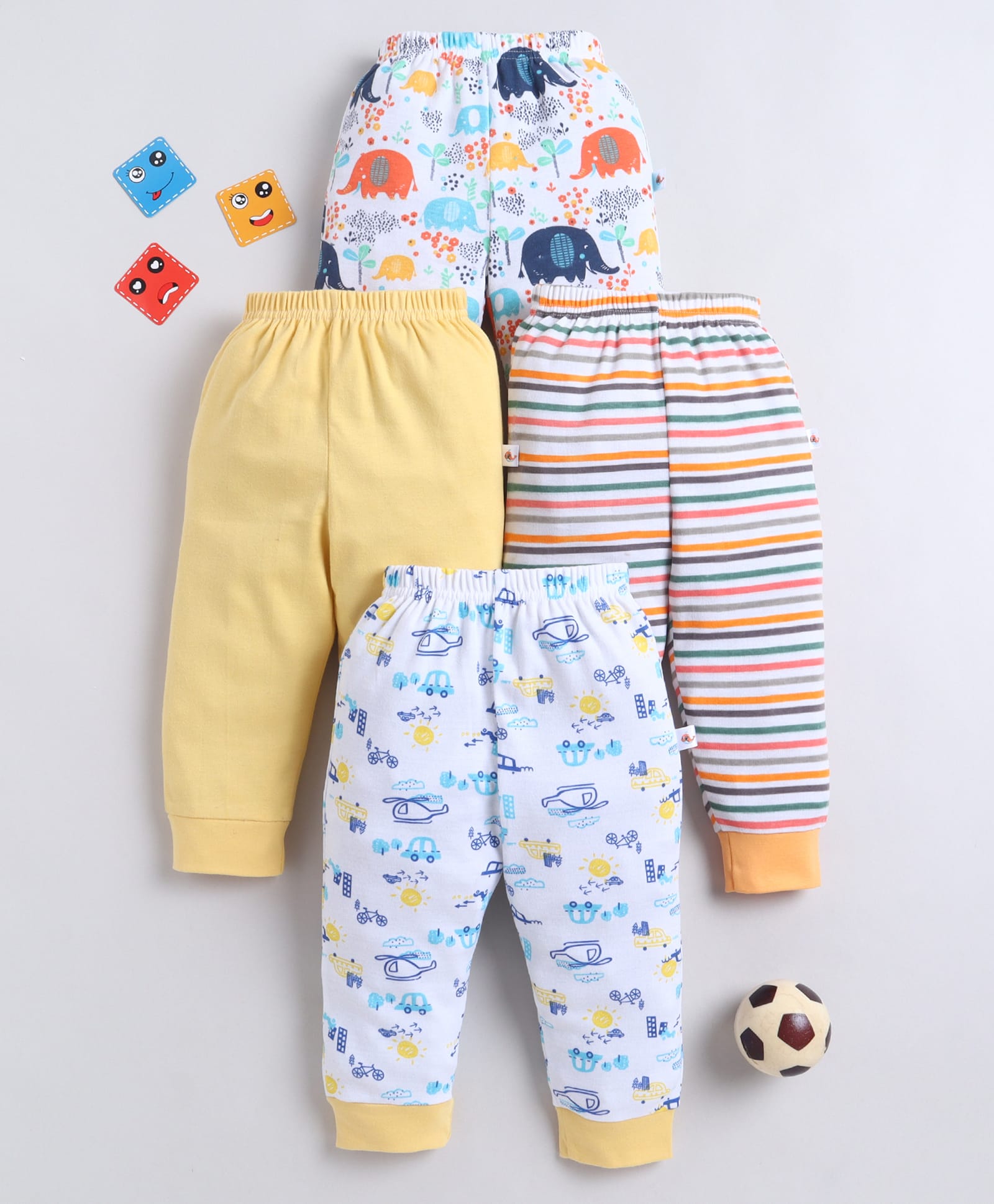Bumzee Cotton Knit Full Length Striped Pyjamas With Vehicle & Elephant Print Pack Of 4 - Yellow & White-picture-18