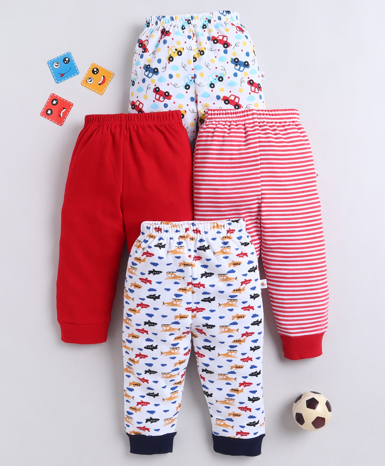 Bumzee Cotton Knit Full Length Striped Pyjamas With Vehicle Print Pack Of 4 - Red & White-picture-24