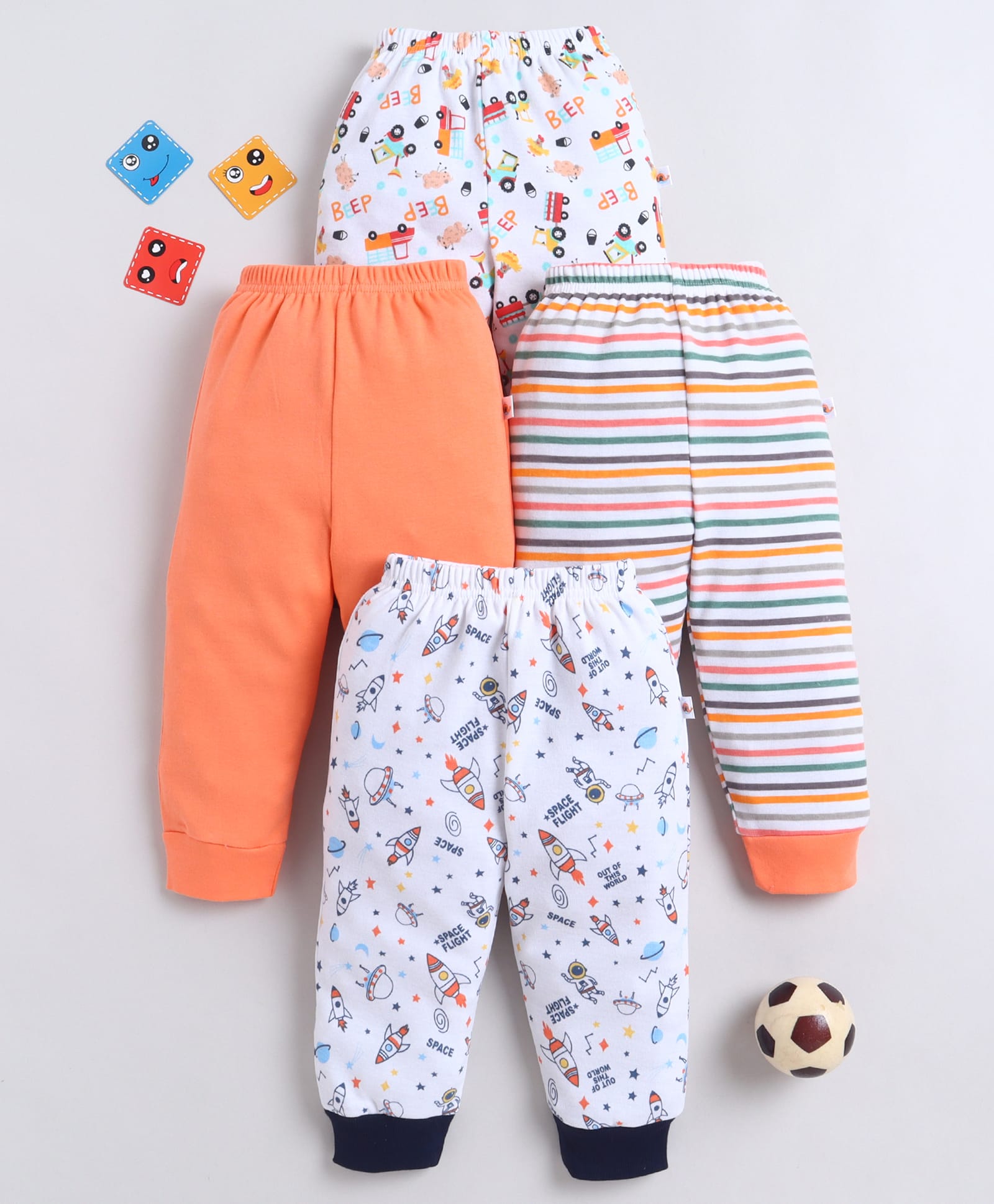 Bumzee Cotton Knit Full Length Striped Pyjamas With Vehicle & Space Theme Print Pack Of 4 - Orange & White-picture-16