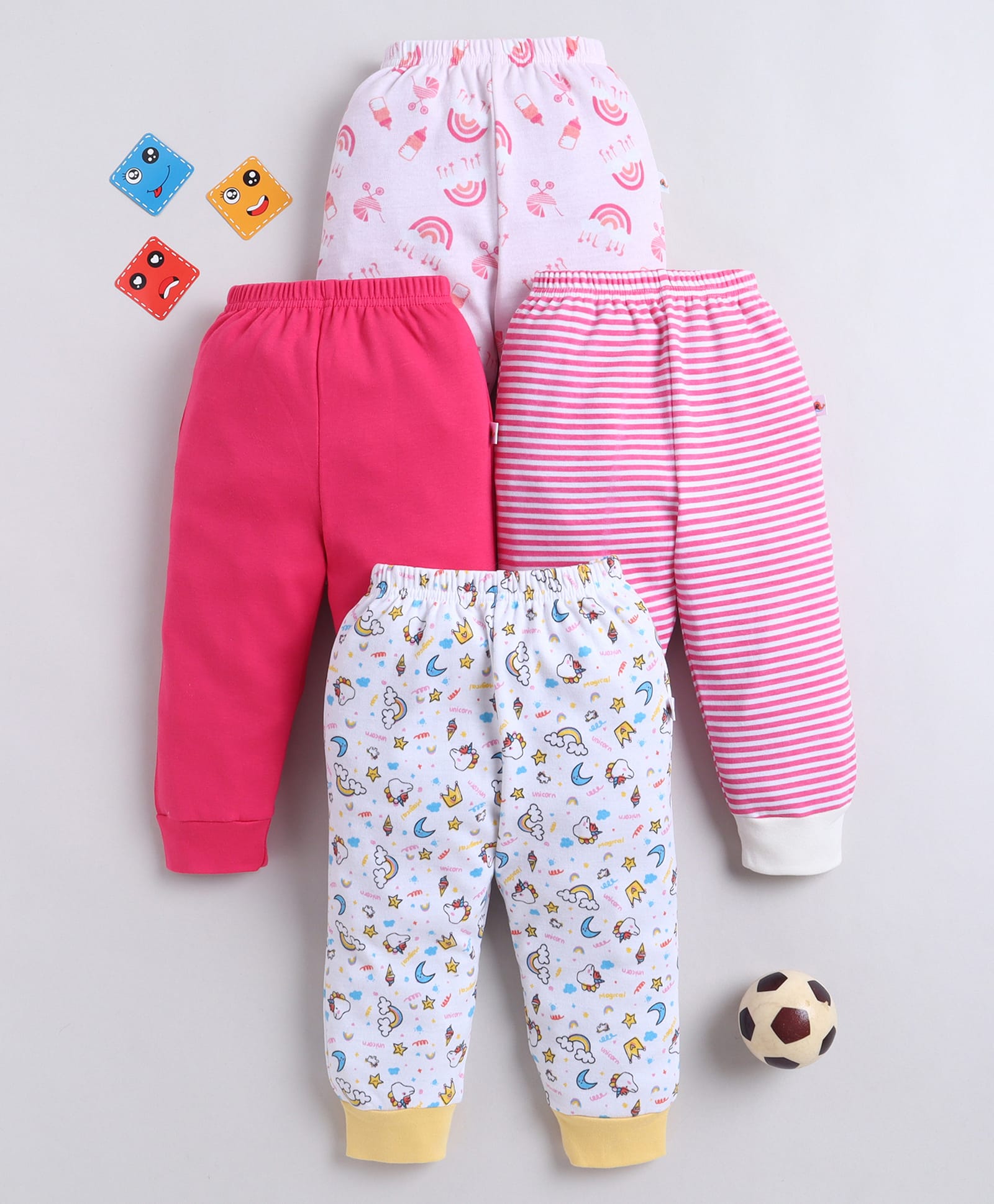 Bumzee Cotton Knit Full Length Striped Pyjamas With Unicorn & Rainbow Print Pack Of 4 - Pink & White-picture-28