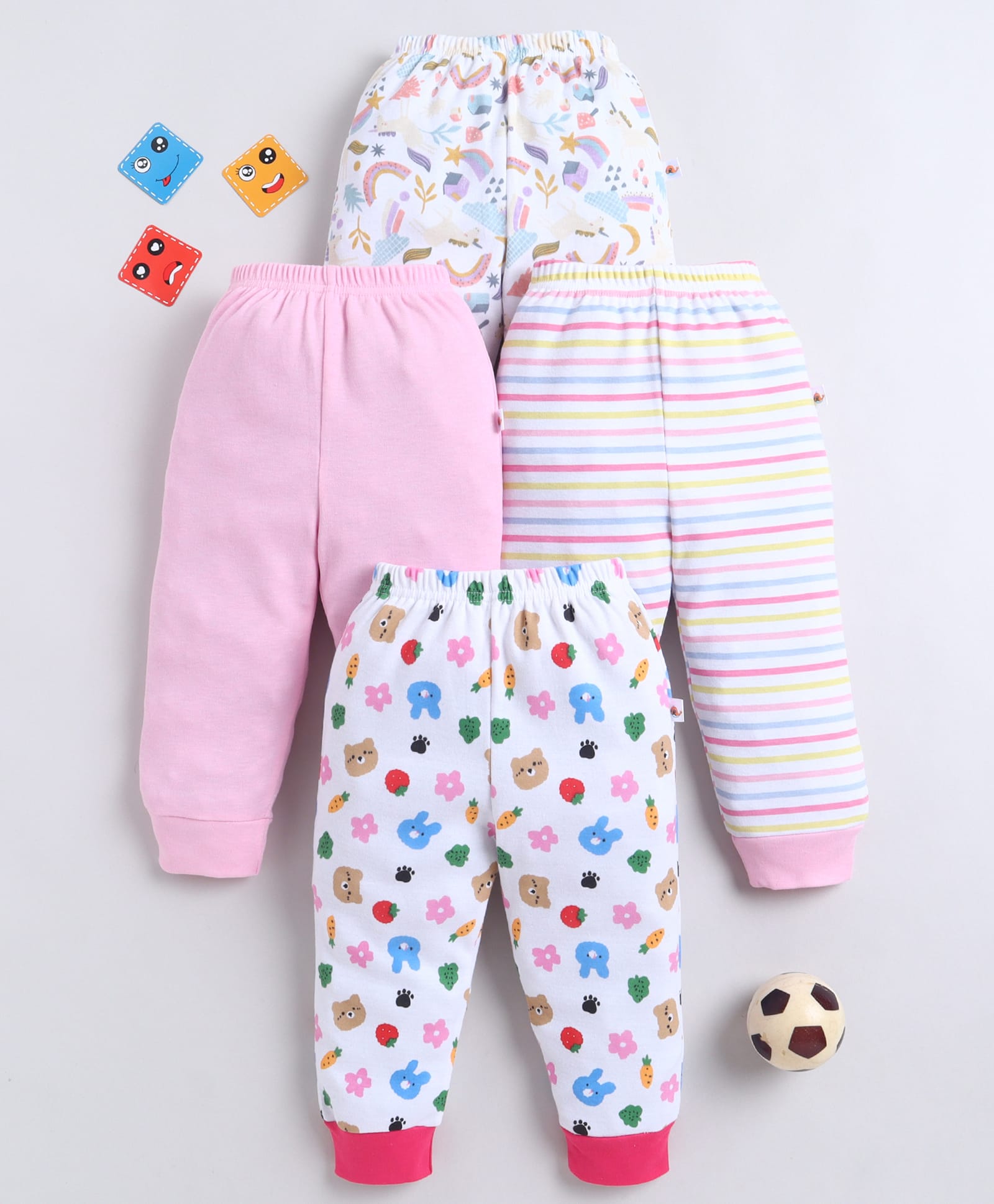 Bumzee Cotton Knit Full Length Striped Pyjamas With Bear Face & Unicorn Print Pack Of 4 - Pink & White-picture-15