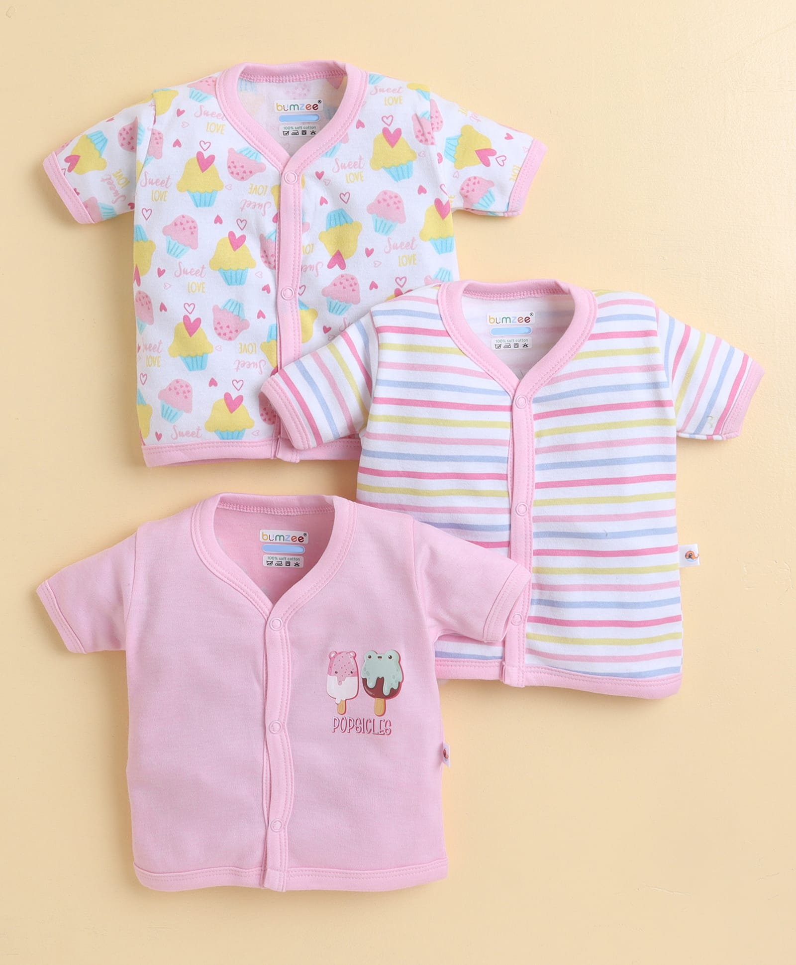 Bumzee Cotton Knit Half Sleeves Front Open Jablas With Cupcake Print Pack Of 3 - Pink & White-picture-0