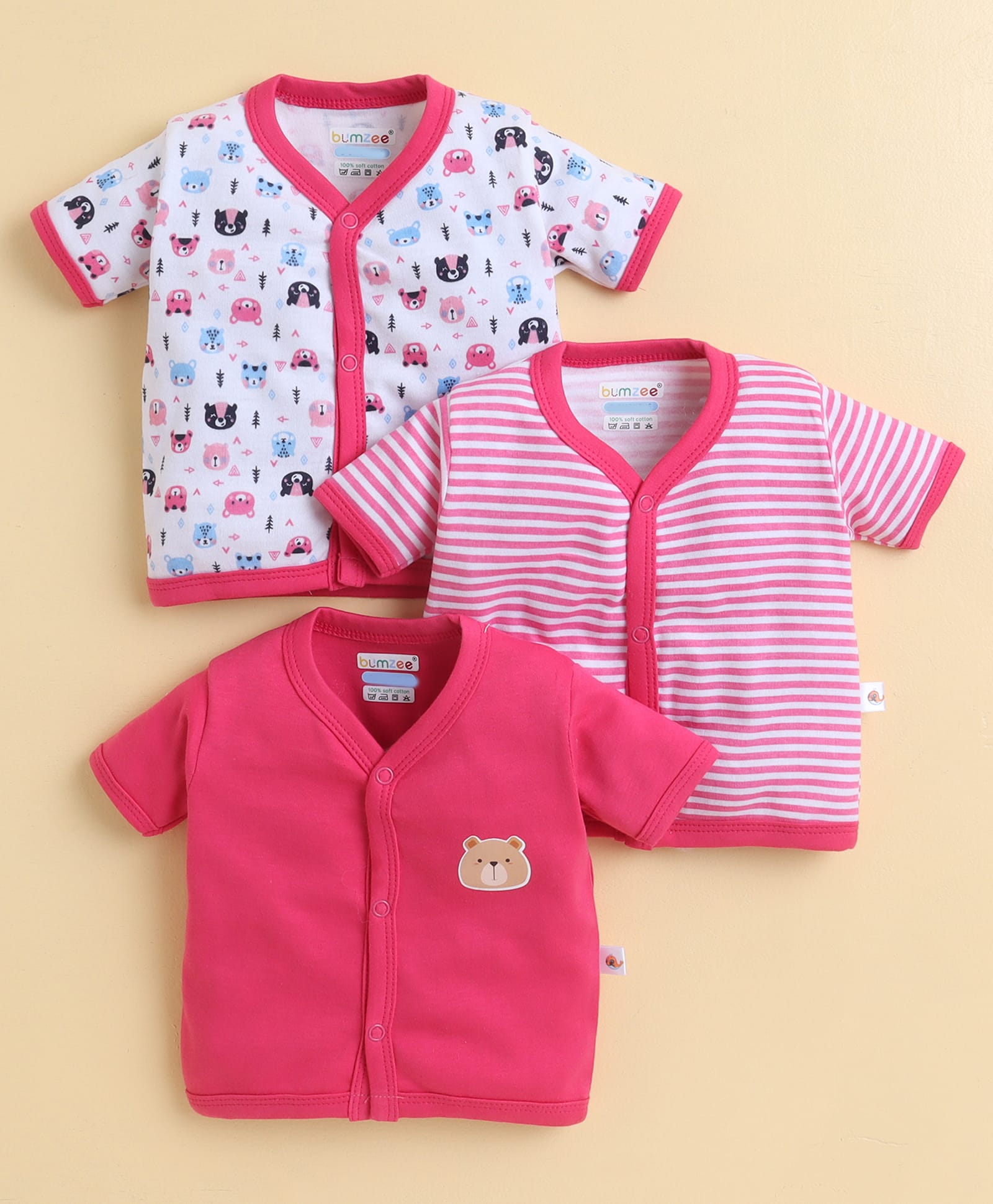 Bumzee Cotton Knit Half Sleeves Front Open Jablas With Bear Face Print Pack Of 3 - Pink & White-picture-2