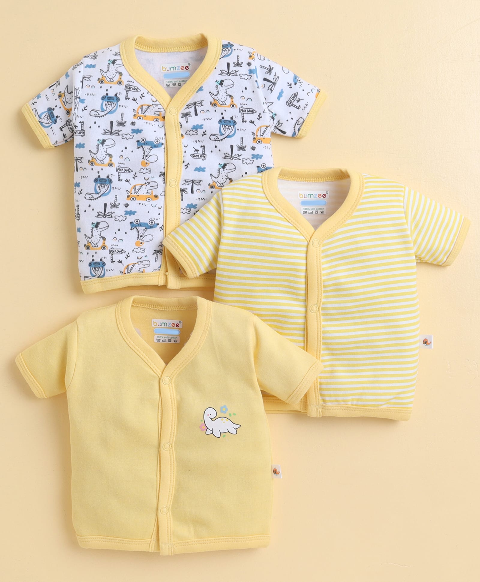 Bumzee Cotton Knit Half Sleeves Front Open Jablas With Dino Print Pack Of 3 - Yellow & White-picture-47