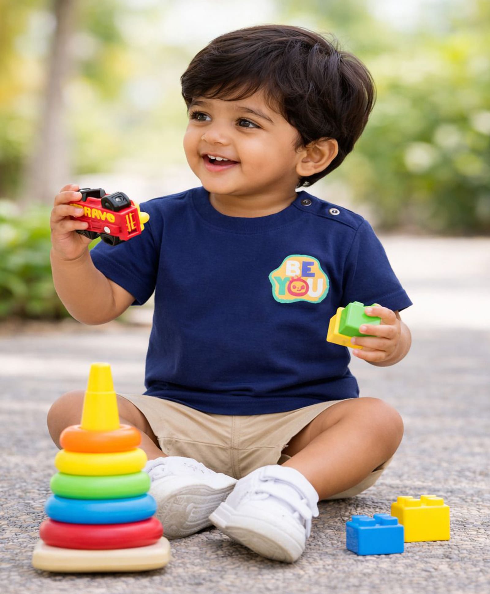 Button Bear Cotton Knit Cocomelon Featuring Half Sleeves Characters Back Printed Tee - Navy Blue-image-46